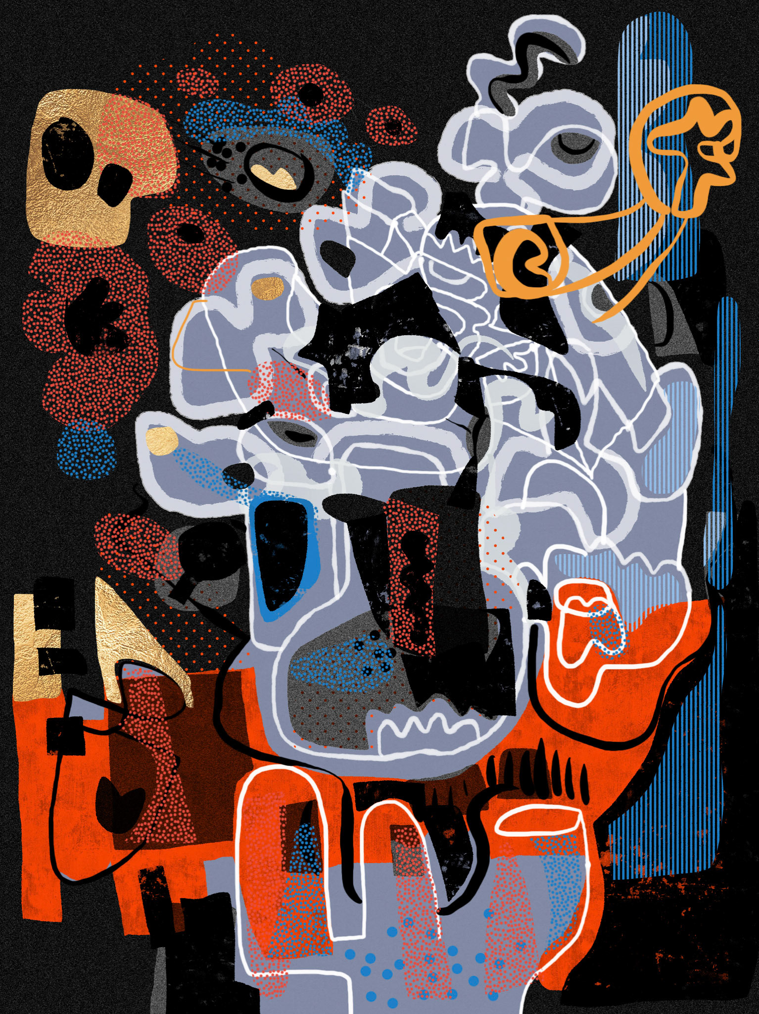 Portrait format abstract artwork from the series ‘Ghosts’. A collage of blocky, organic, solid shapes, textures, simple stripes, dots, patterns and wandering lines, vaguely figurative amongst smouldering ruins. Red, gold, blue, grey and white on black.