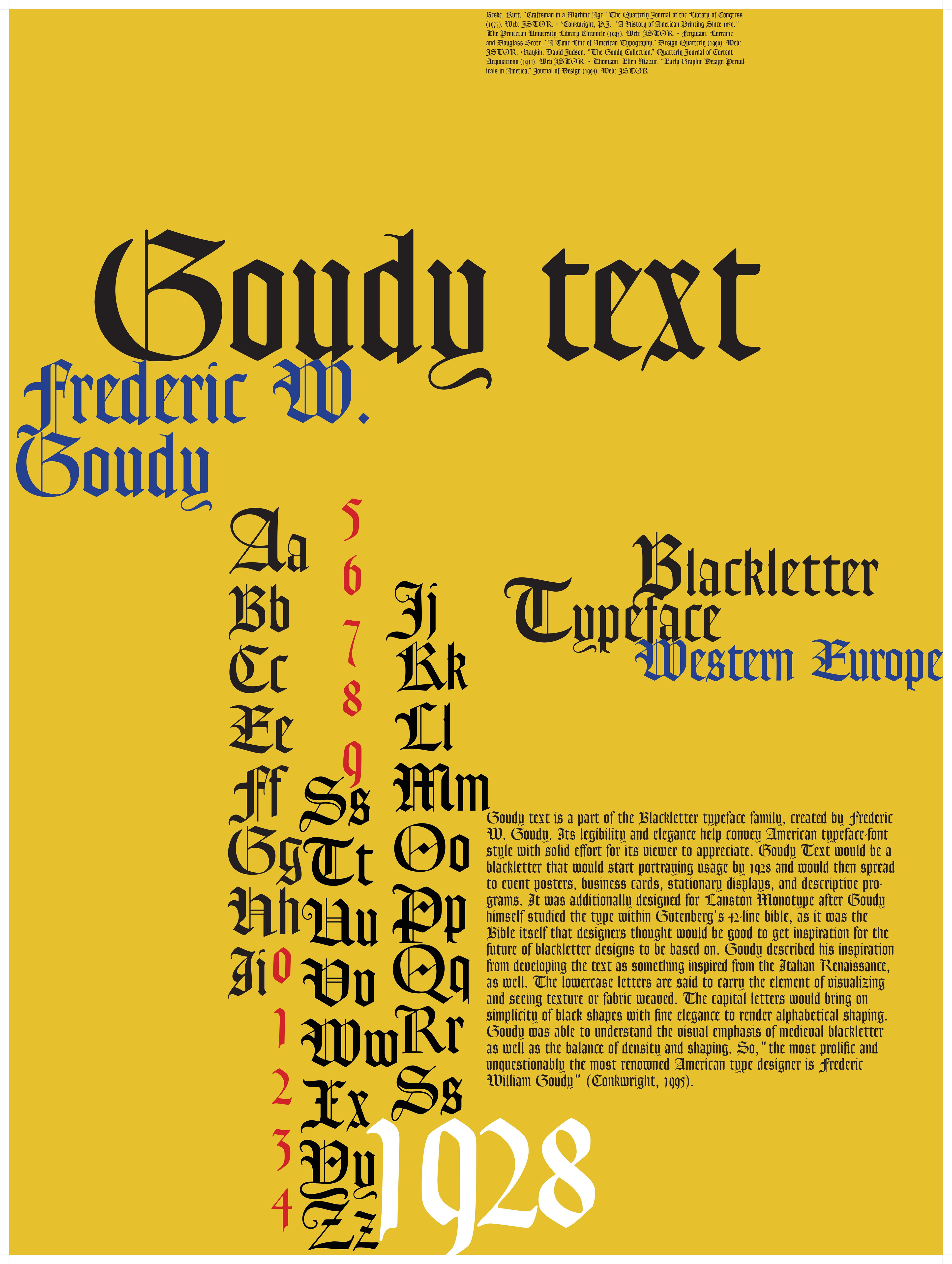 Typographic Poster: Goudy text Blackletter Typeface History Poster (Size: 30.5 in × 40.5 in)