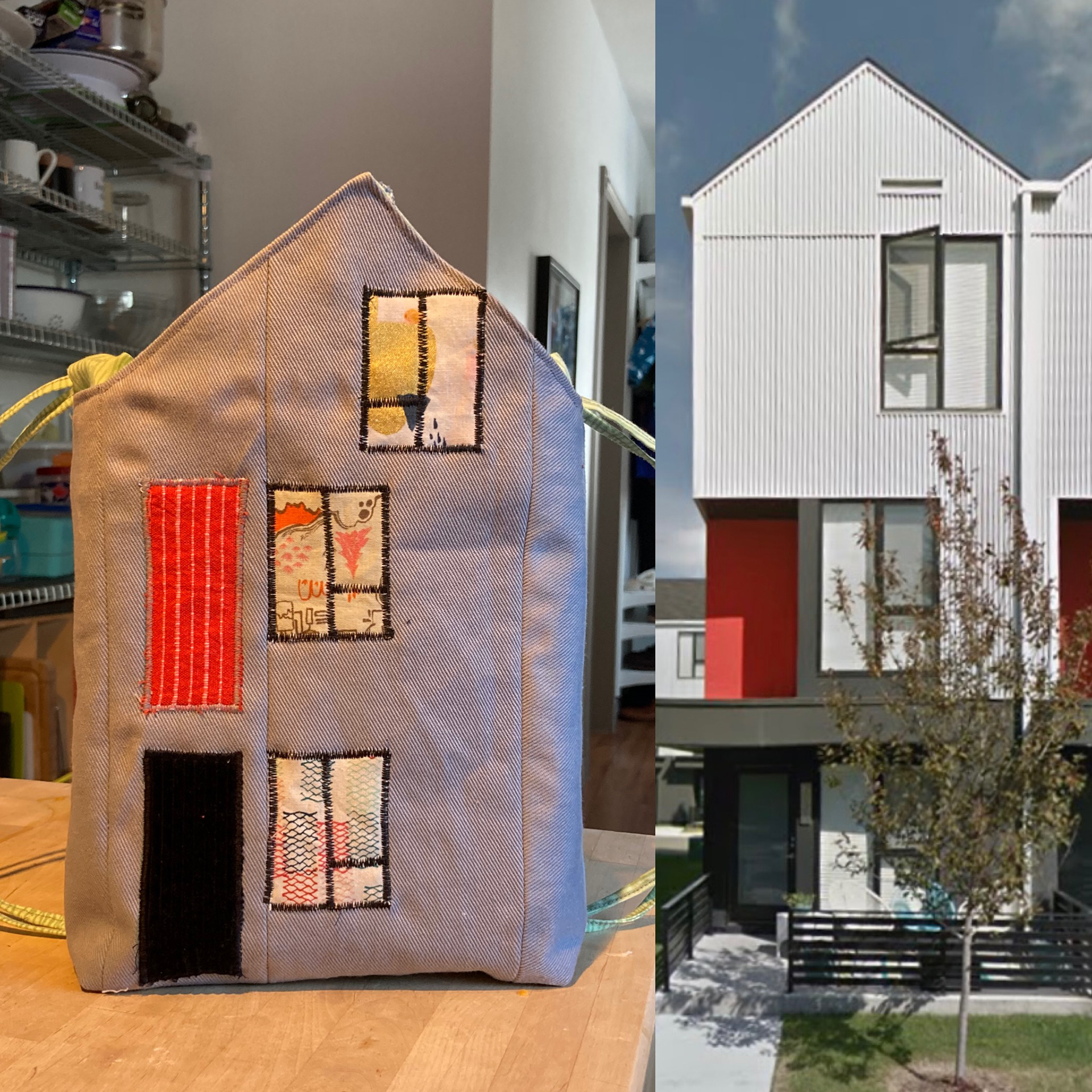 Handmade bag shaped like a house next to a picture of a real house,.