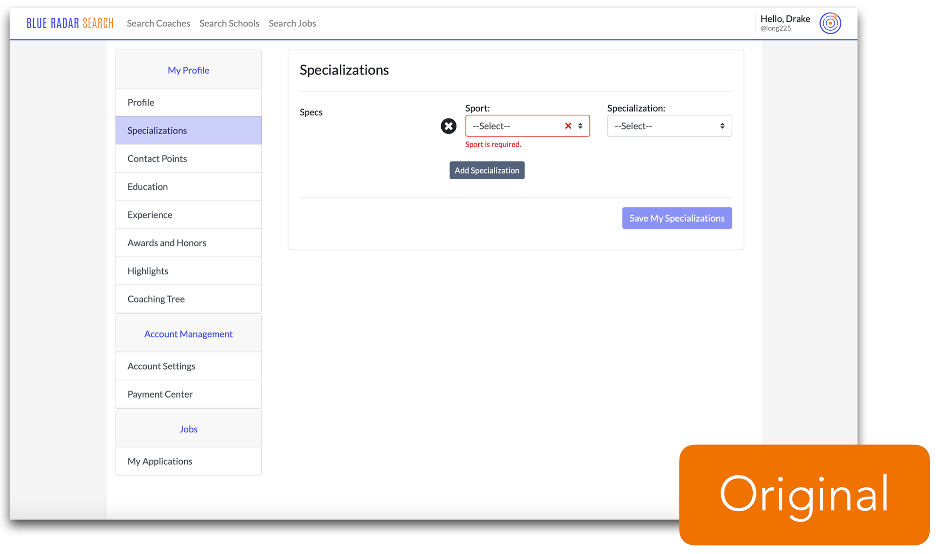 Original profile completion page