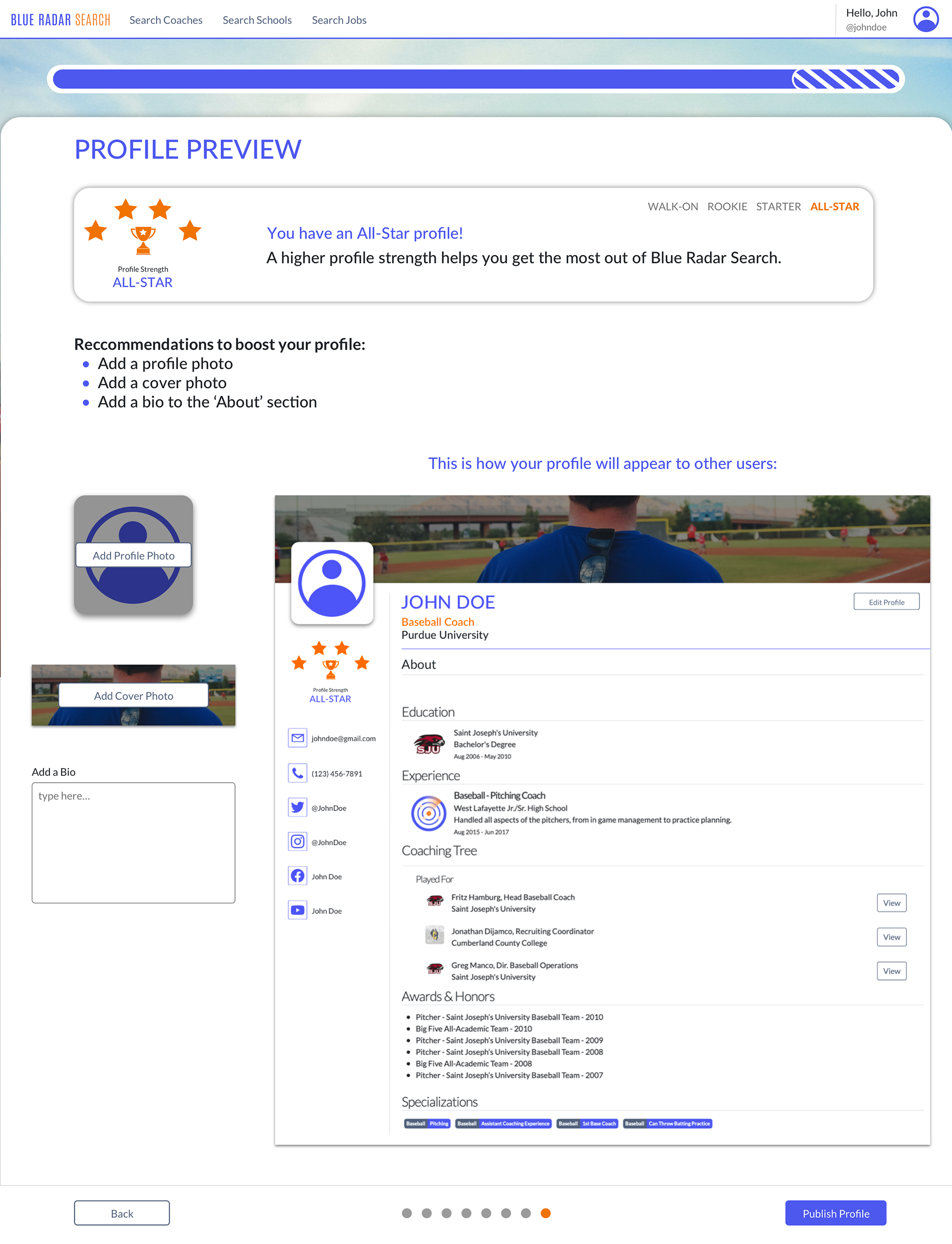 Profile preview page, showing you your completed profile