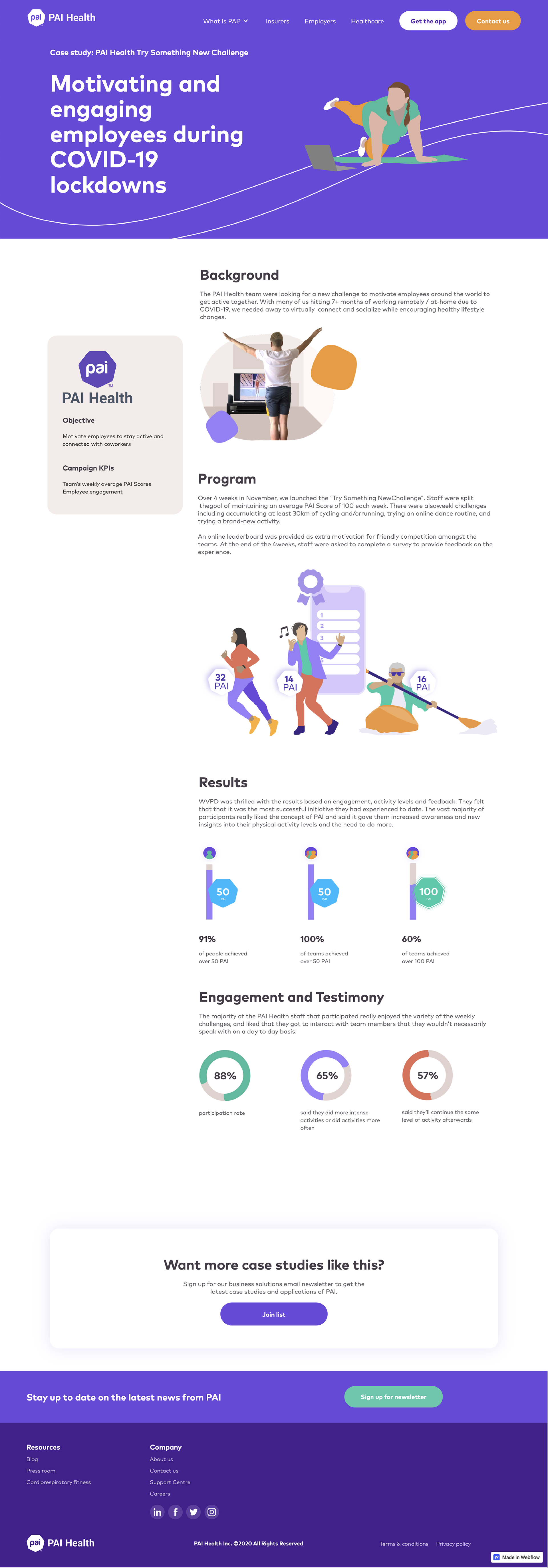 This is an example of one of the entire webpage layouts I created. They were all mocked up before being built in Webflow. This case study describes and illustrates the results of a company fitness challenge.