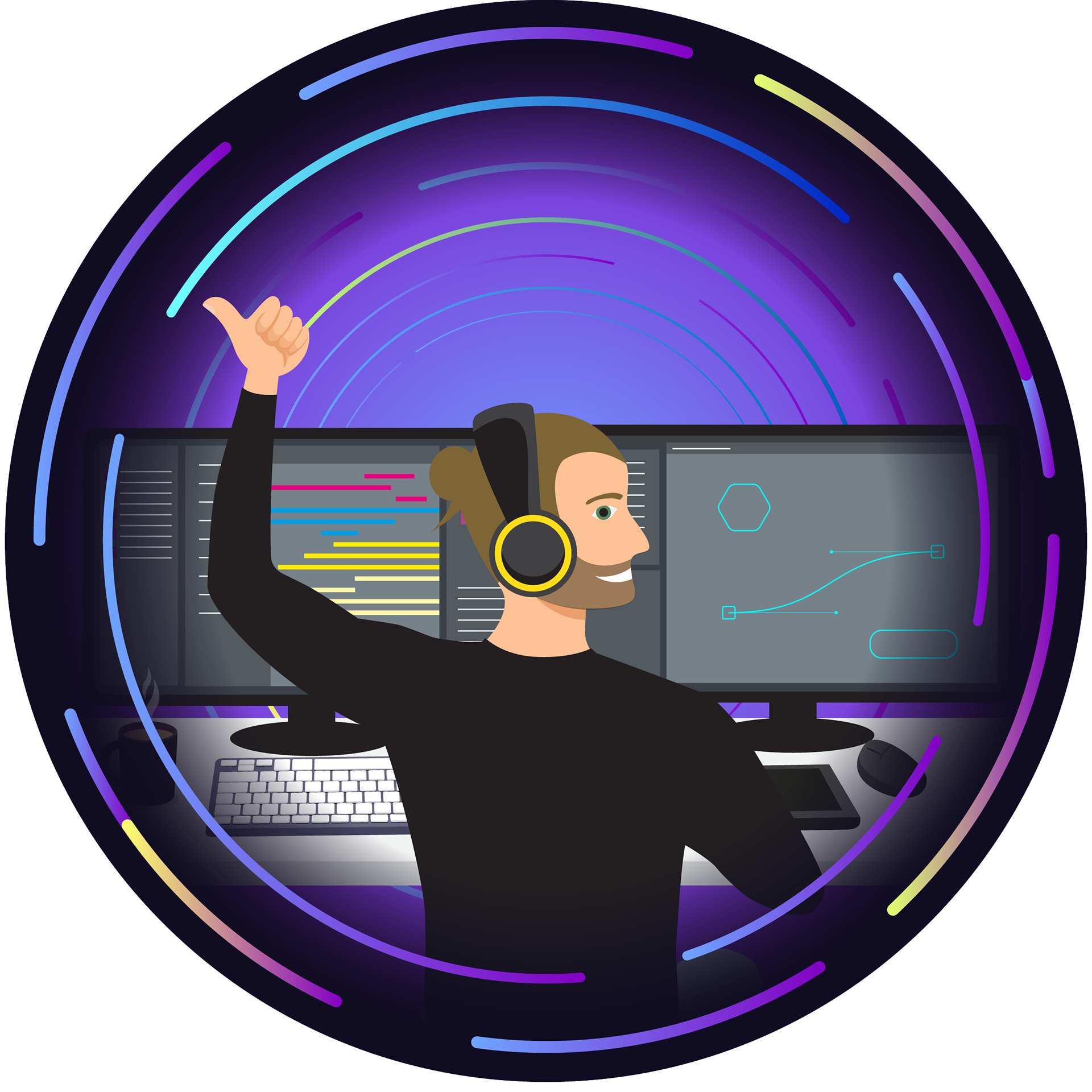 Illustrated Motion Designer Freelancer sitting at Desk, enjoying work.