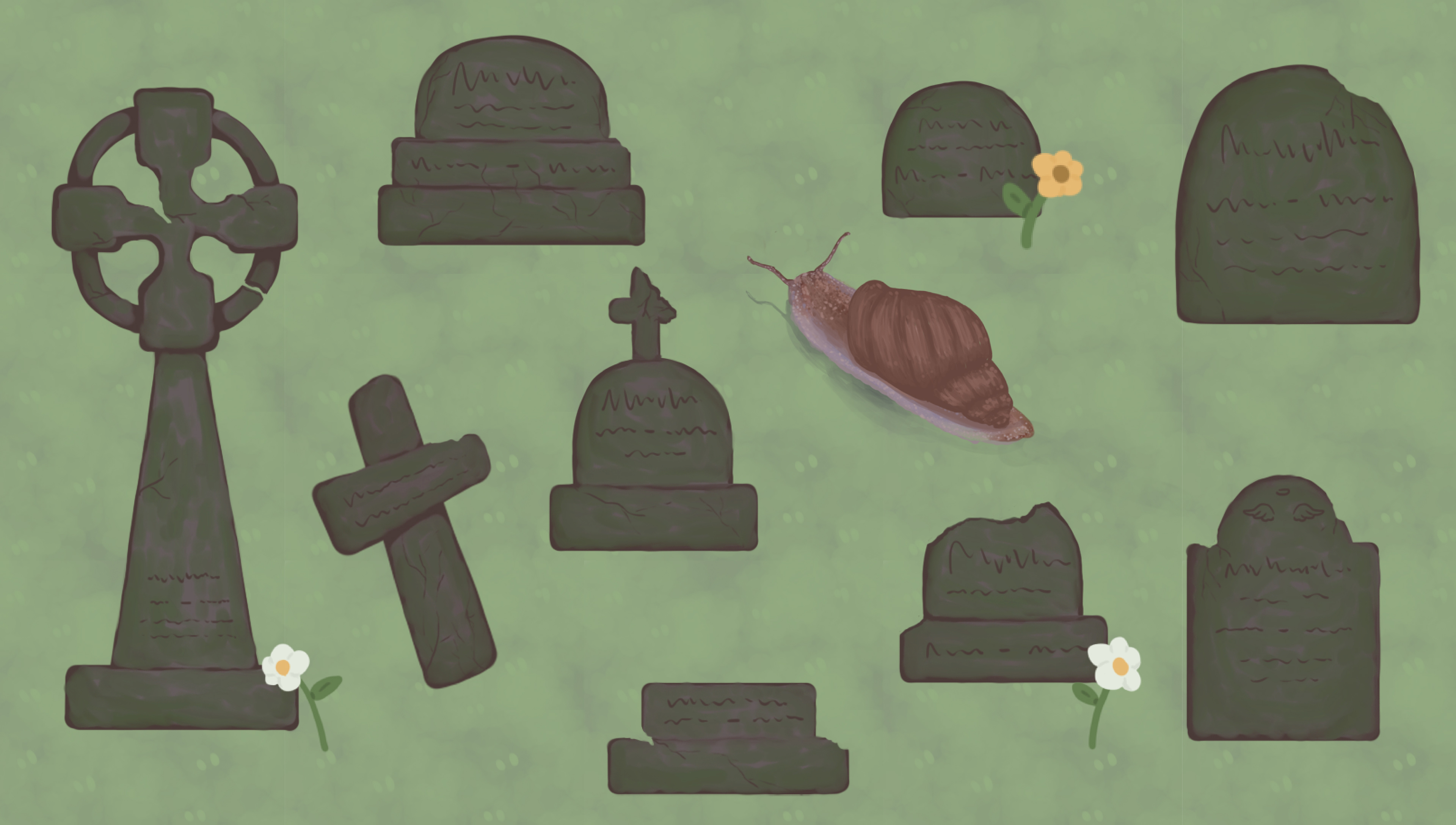 Decayed and broken gravestones in the game. All assets were created by Samantha Lindsey.