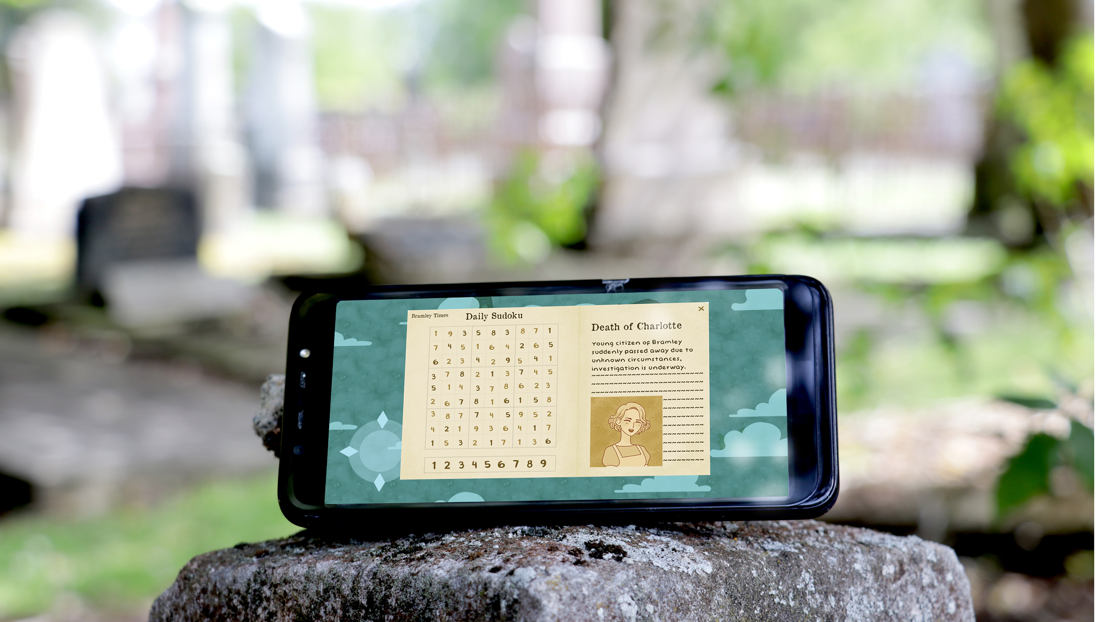 Gameplay, hero shot. Photographed by Hina Macmaster, sudoku and text created by Samantha, and character art created by Hina. Programming by Anthony Mellon.