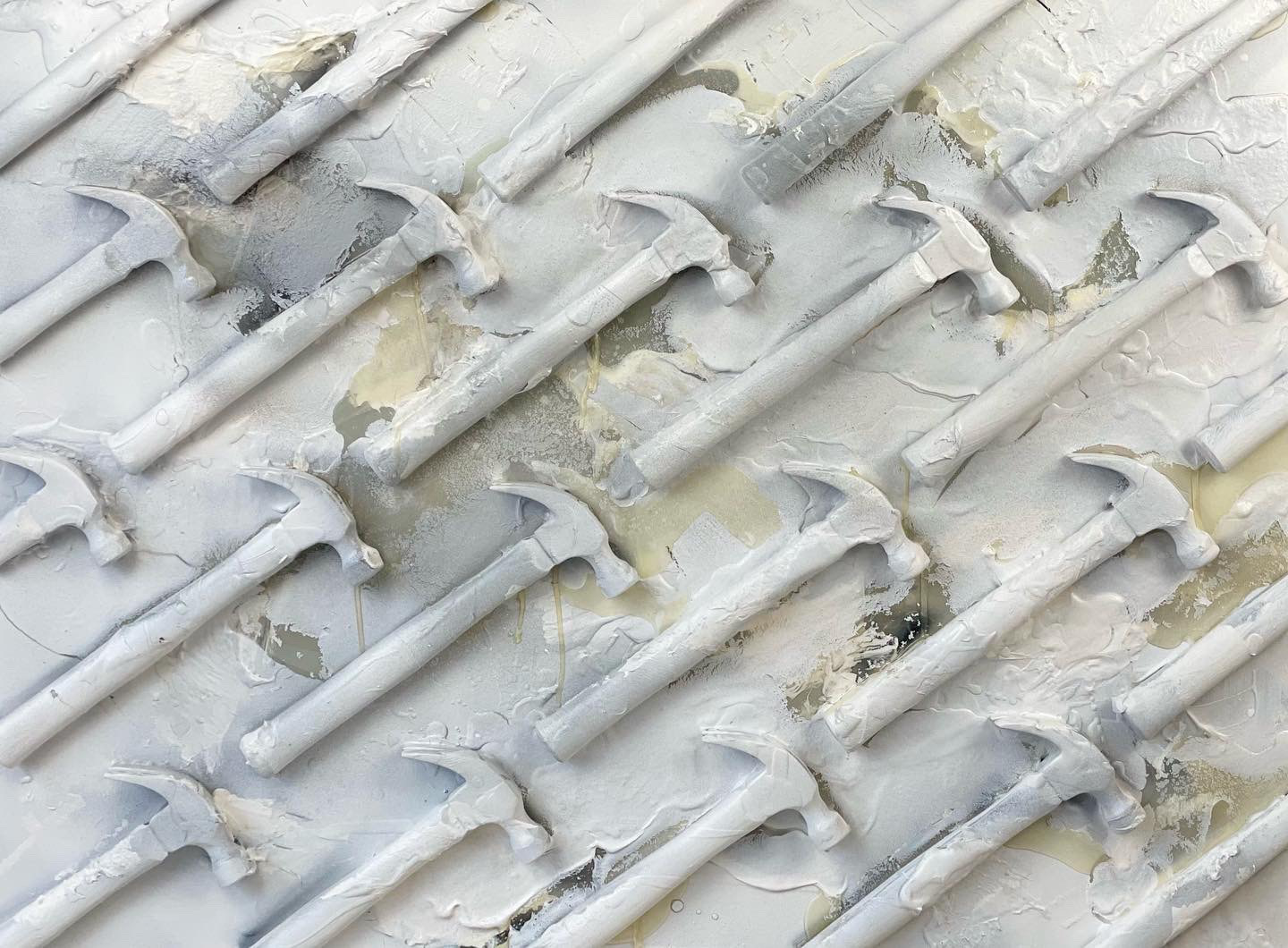 "Diagonal Hammers" 2021, painted object placement on wood panel 40” x 30”