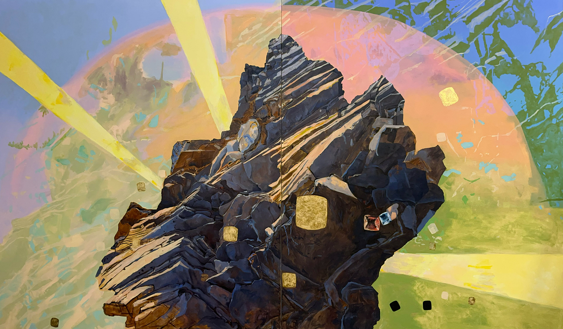 We Emerge Without a Guide or a Map (Oil, acrylic, gold leaf on canvas, 120" x 72" 2024)