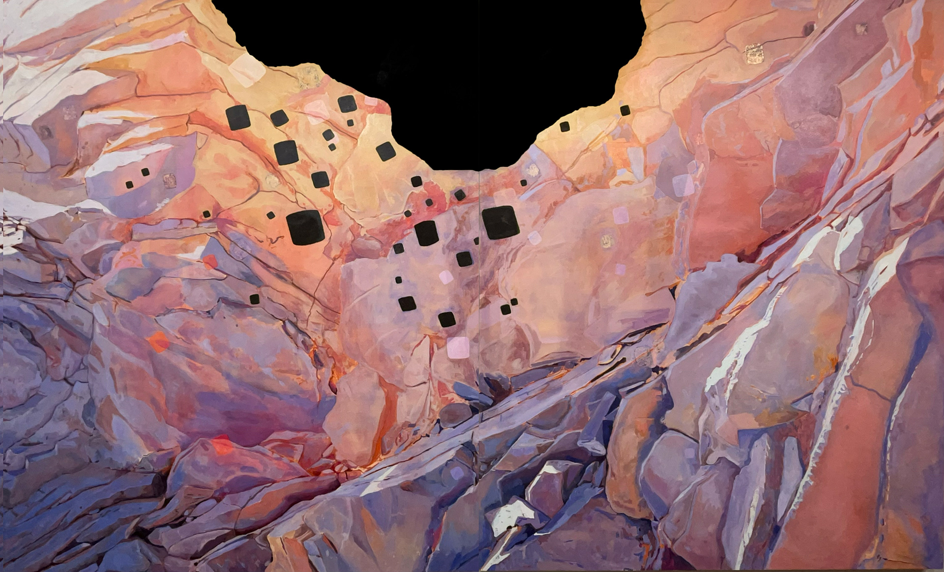 Antipode of the Sun (Oil, acrylic, silver leaf on canvas, 120" x 72" 2024)