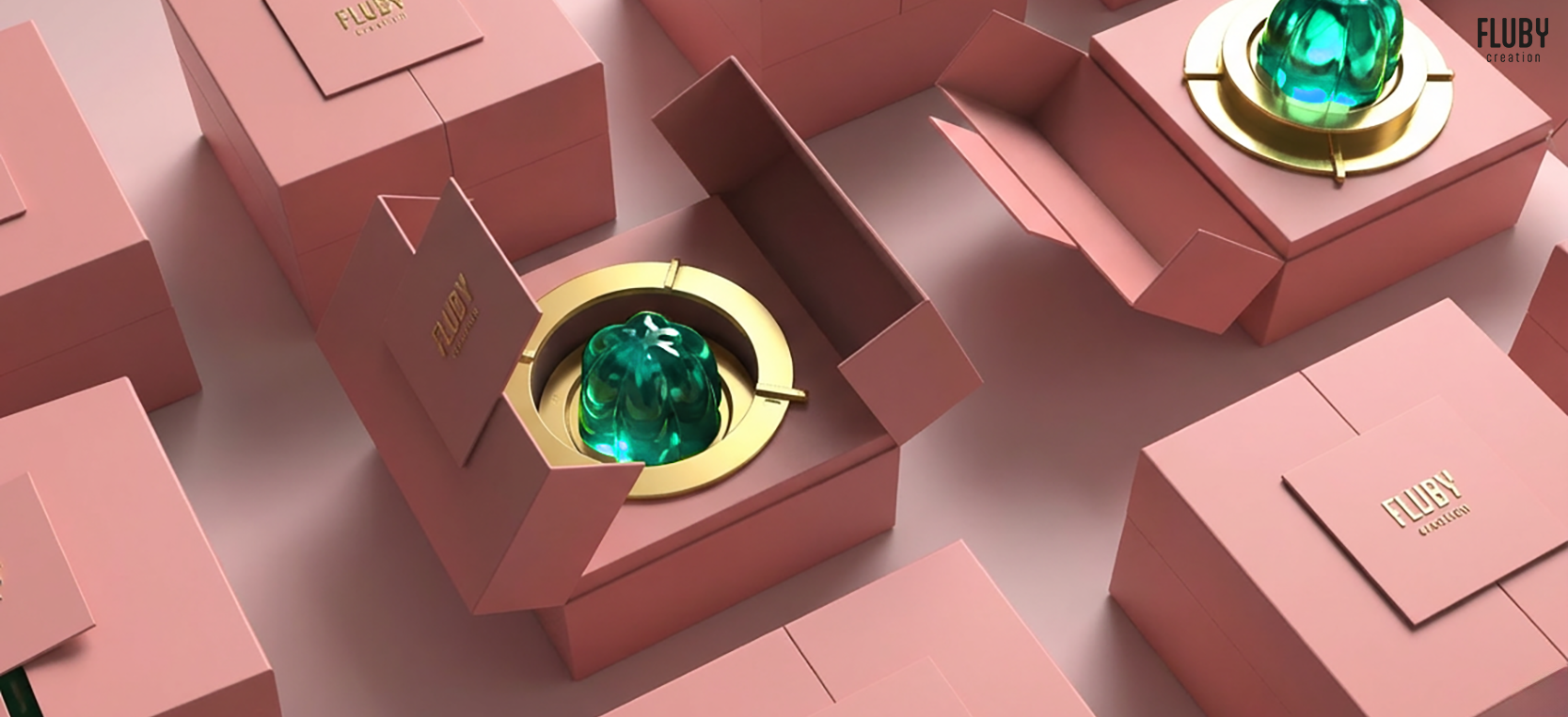 Coffret packaging premium avec objet central et ouverture structurée, conçu par Fluby Création