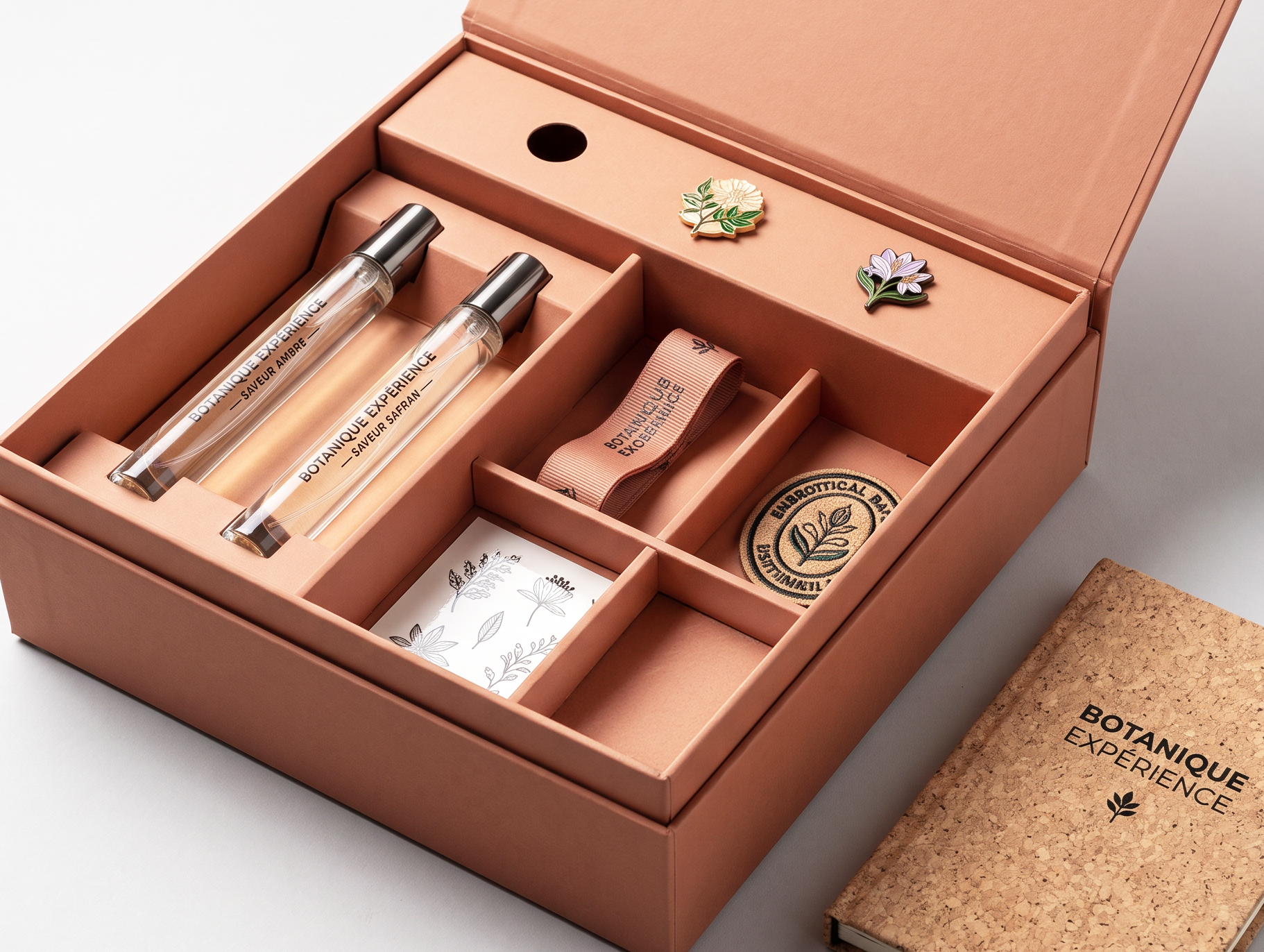 Intérieur de coffret avec calage et compartiments conçus pour maintenir les produits