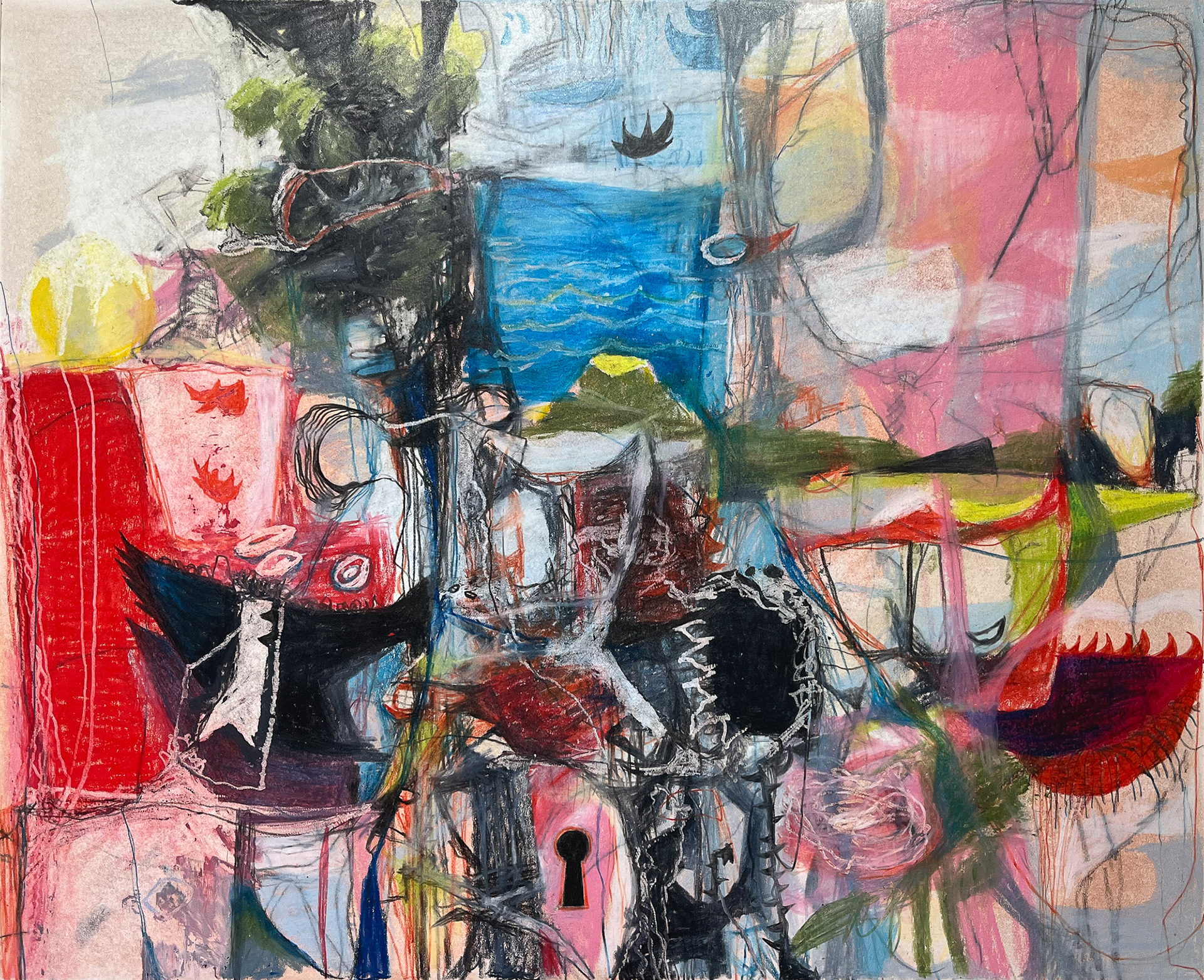 Seesaw - wax pastel, oil pastel, and color pencil on Bristol paper, 14 x 17 inches, 2025