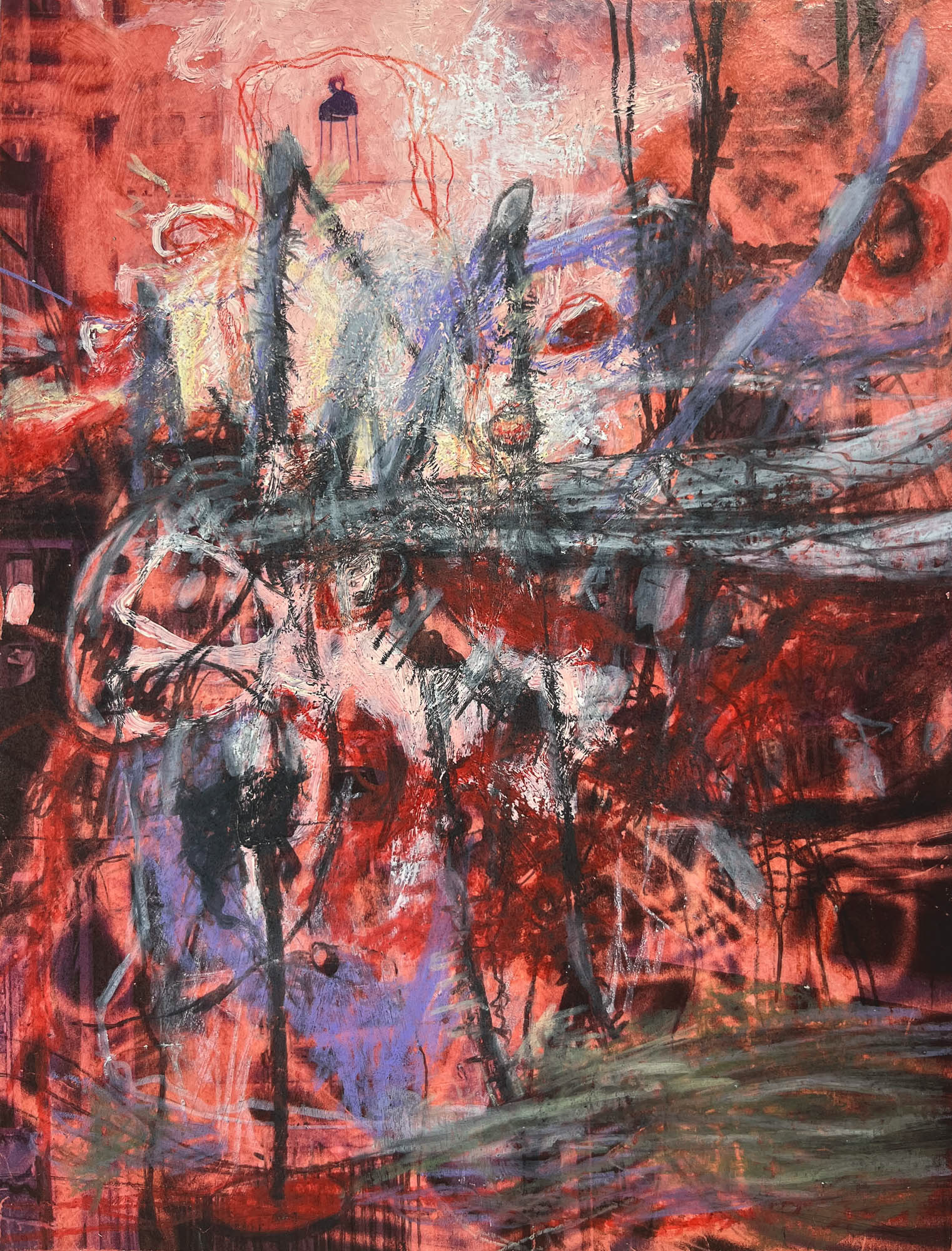 Fever Dream - acrylic, oil, collage, wax pastel, and color pencil on paper, 8 1/4 x 6 1/4 inches, 2024