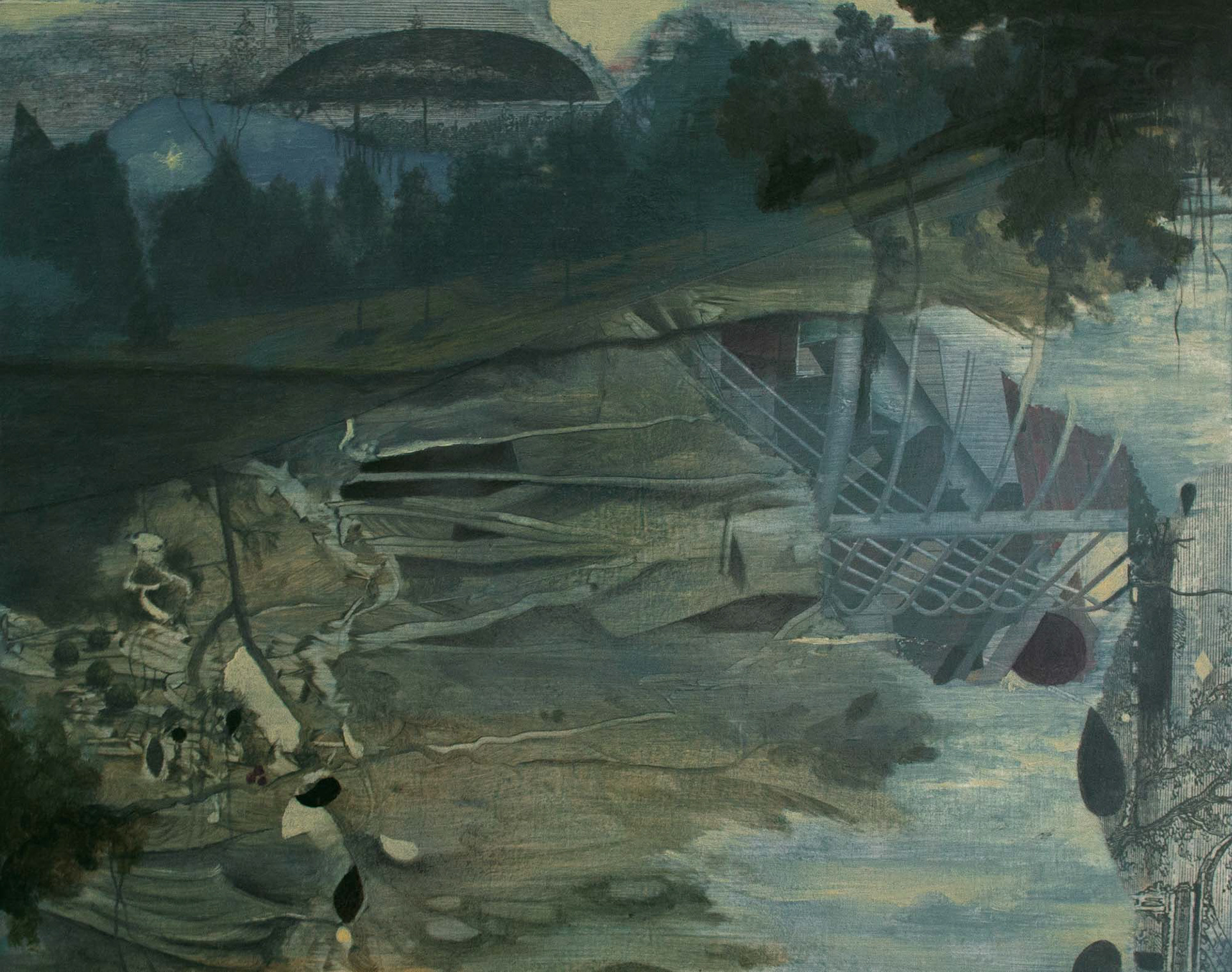 Sewn oil, acrylic, collage on paper 8 x 10 inches 2021