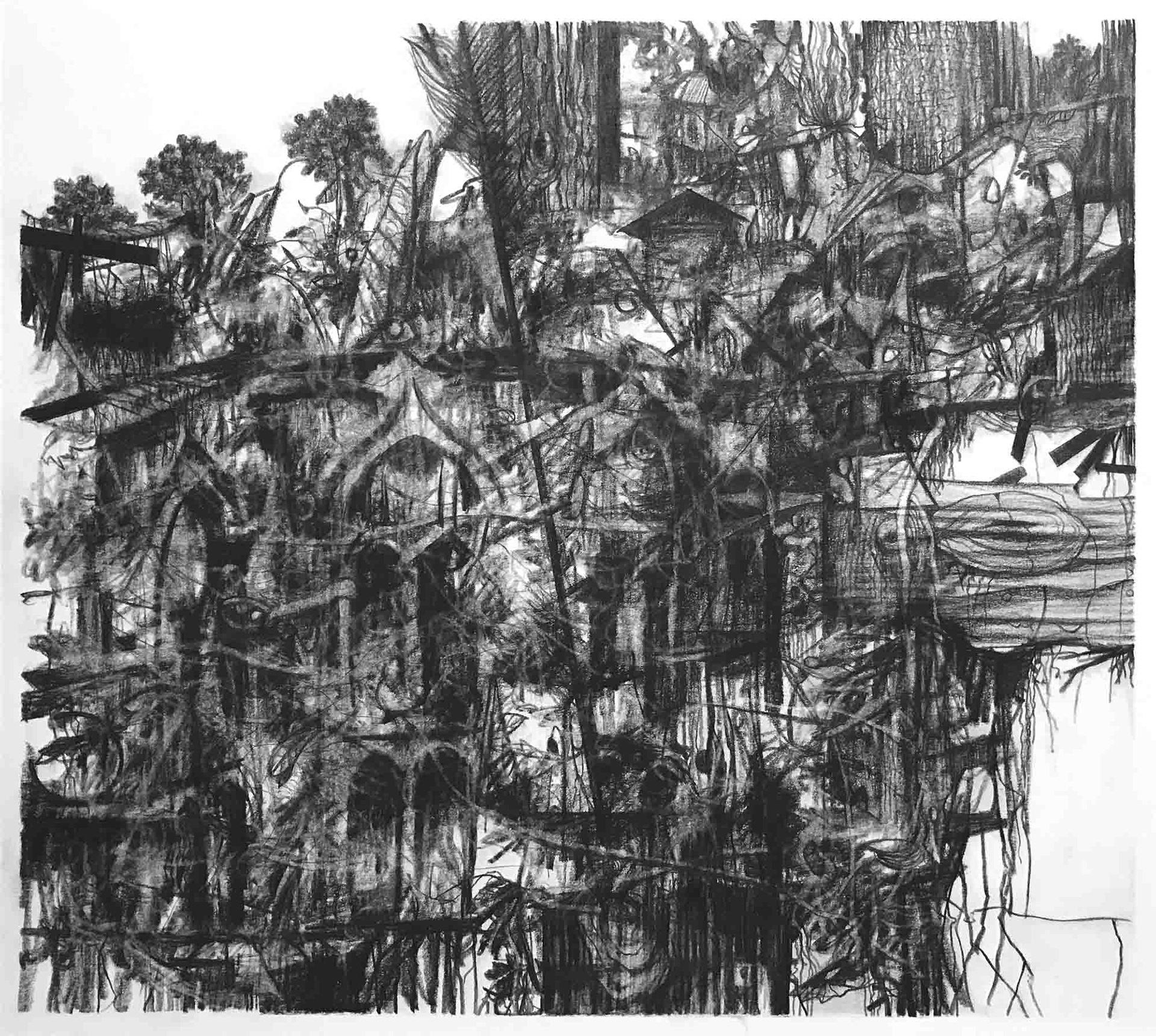 Birdhouses carbon pencil on Bristol paper 9 x 10 inches 2020