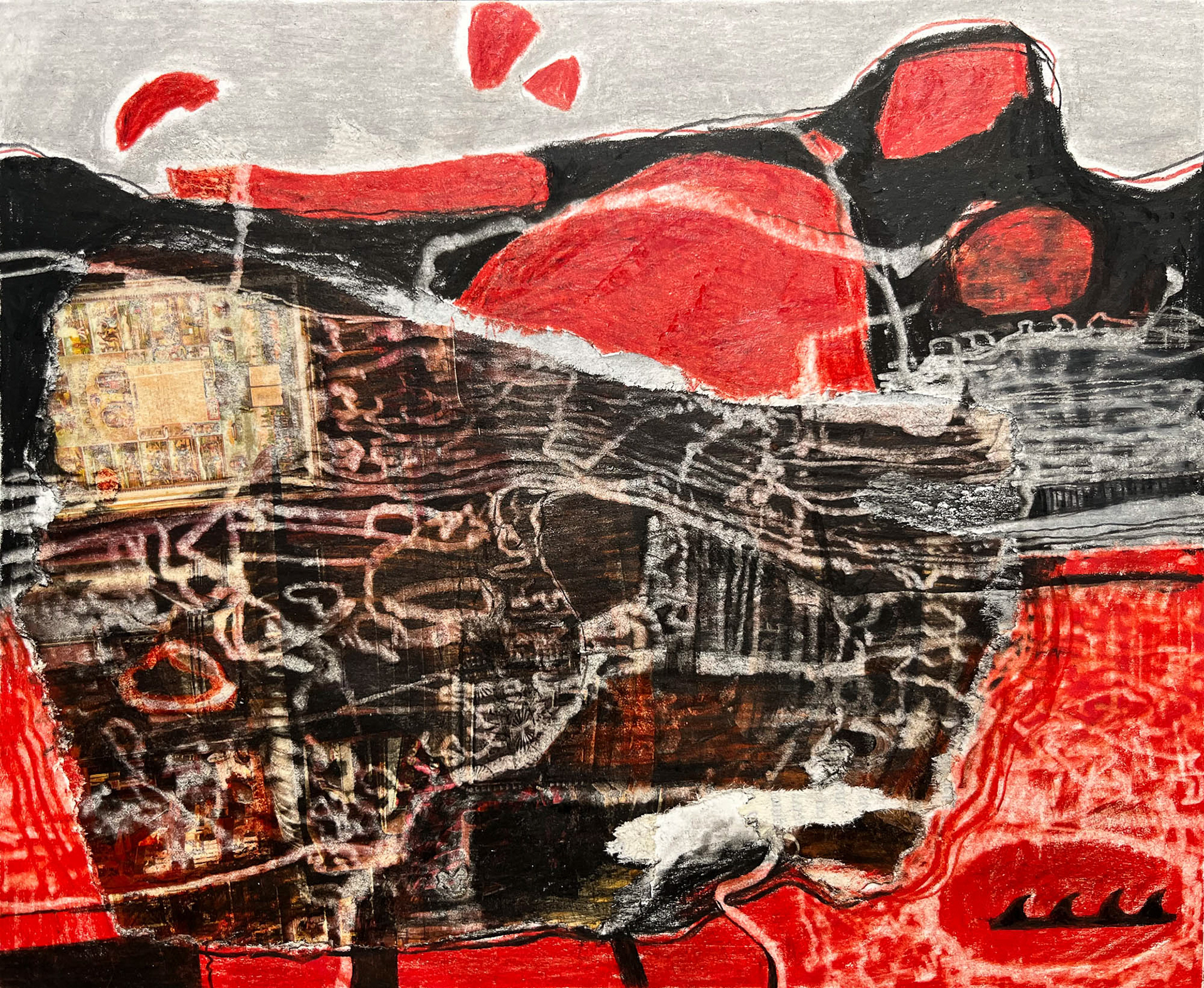 Cargo color pencil, carbon pencil, collage on Bristol paper 7 x 8 3/8 inches 2024