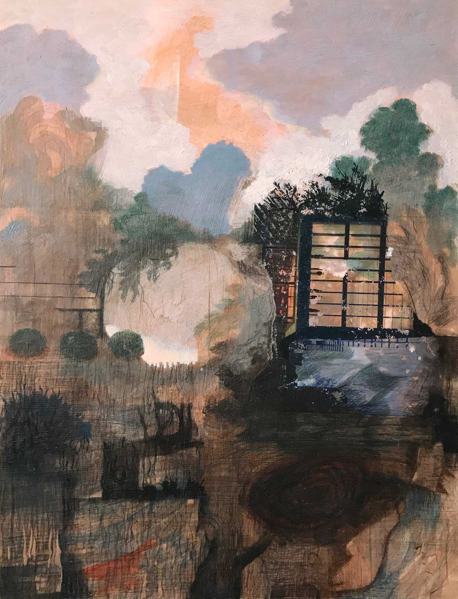 Lantern acrylic, oil, color and graphite pencil, collage on Bristol paper 12 x 9 inches 2020