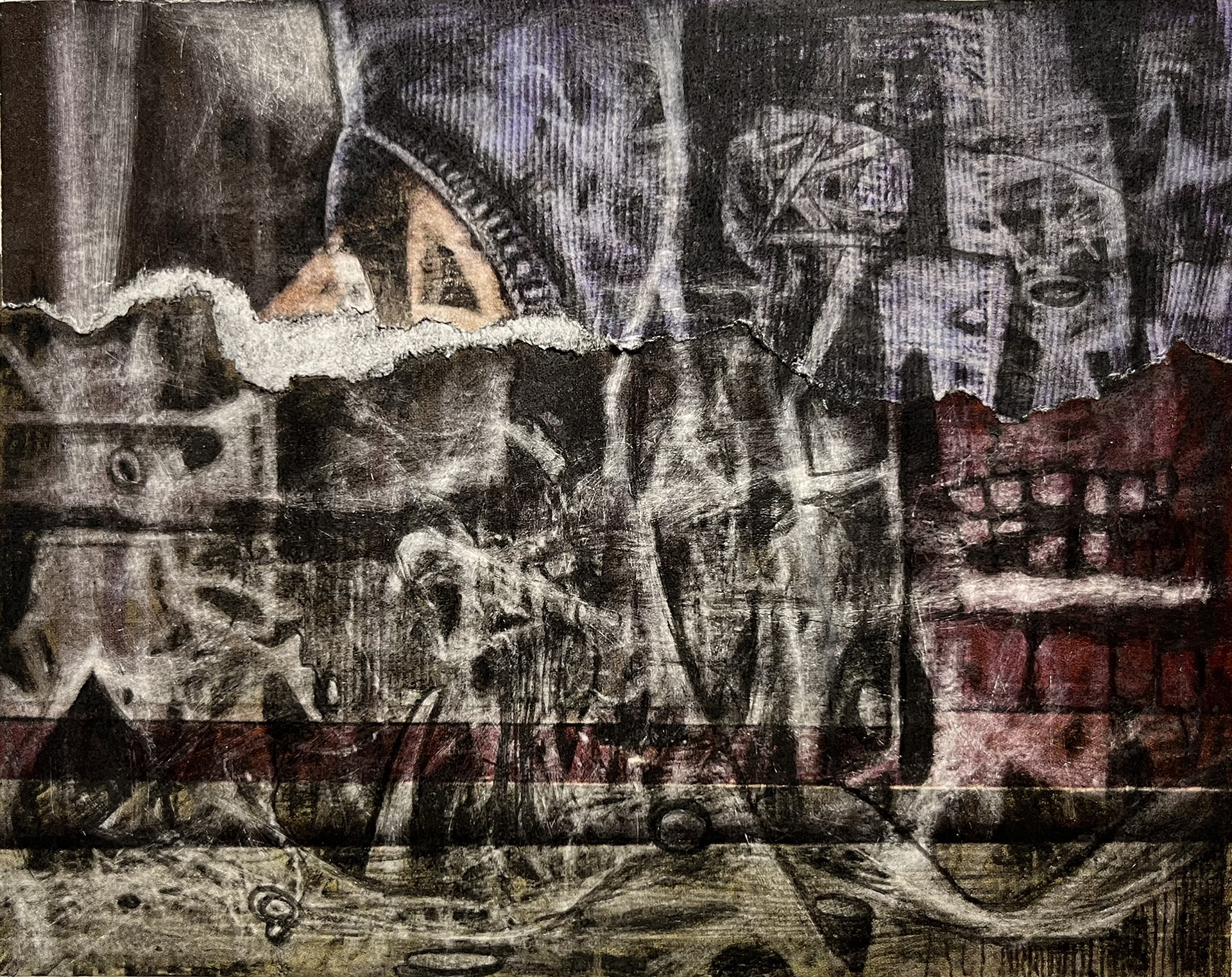 Mooring - black pencil, eraser, collage on Bristol paper, 4 3/4 x 6 inches, 2024