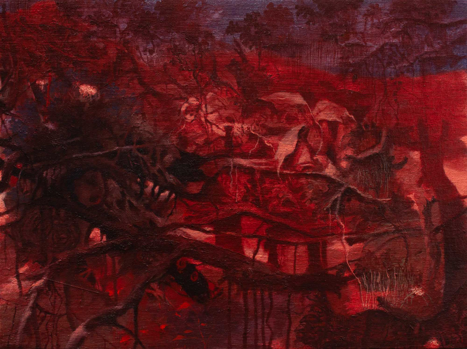 Gorge oil, acrylic, transfer collage on linen 9 x 12 inches 2021