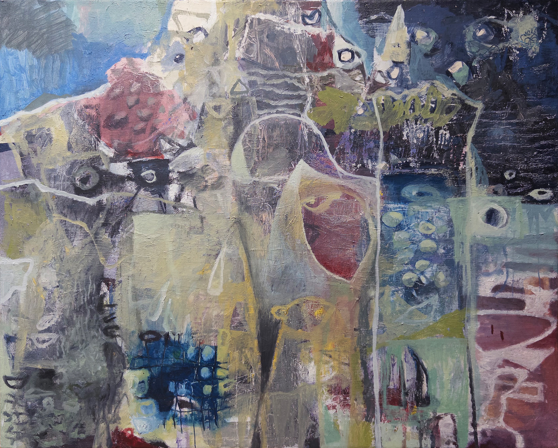 Lode - oil, acrylic, wax pastel, color pencil, and paper on canvas, 16 x 20 inches, 2026