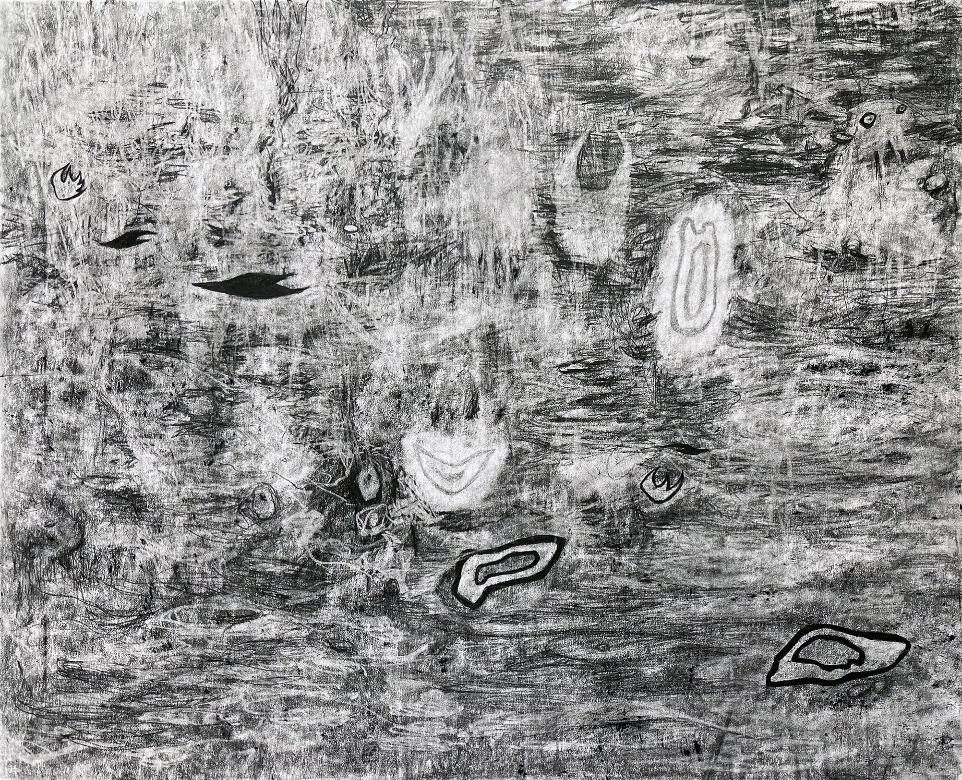 Foragers - lumber crayon and carbon pencil on Bristol paper, 14 x 17 inches, 2025