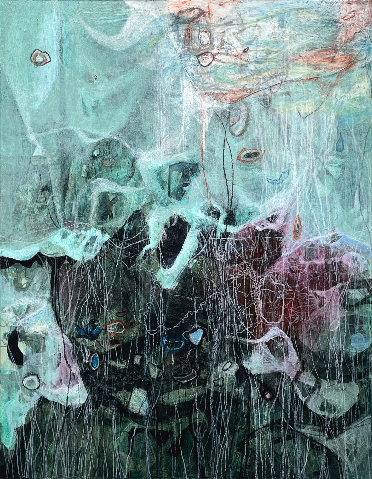 Catch Out - acrylic, wax pastel, color pencil, graphite pencil, collage, and cold wax on rag board, 14 x 11 inches, 2025