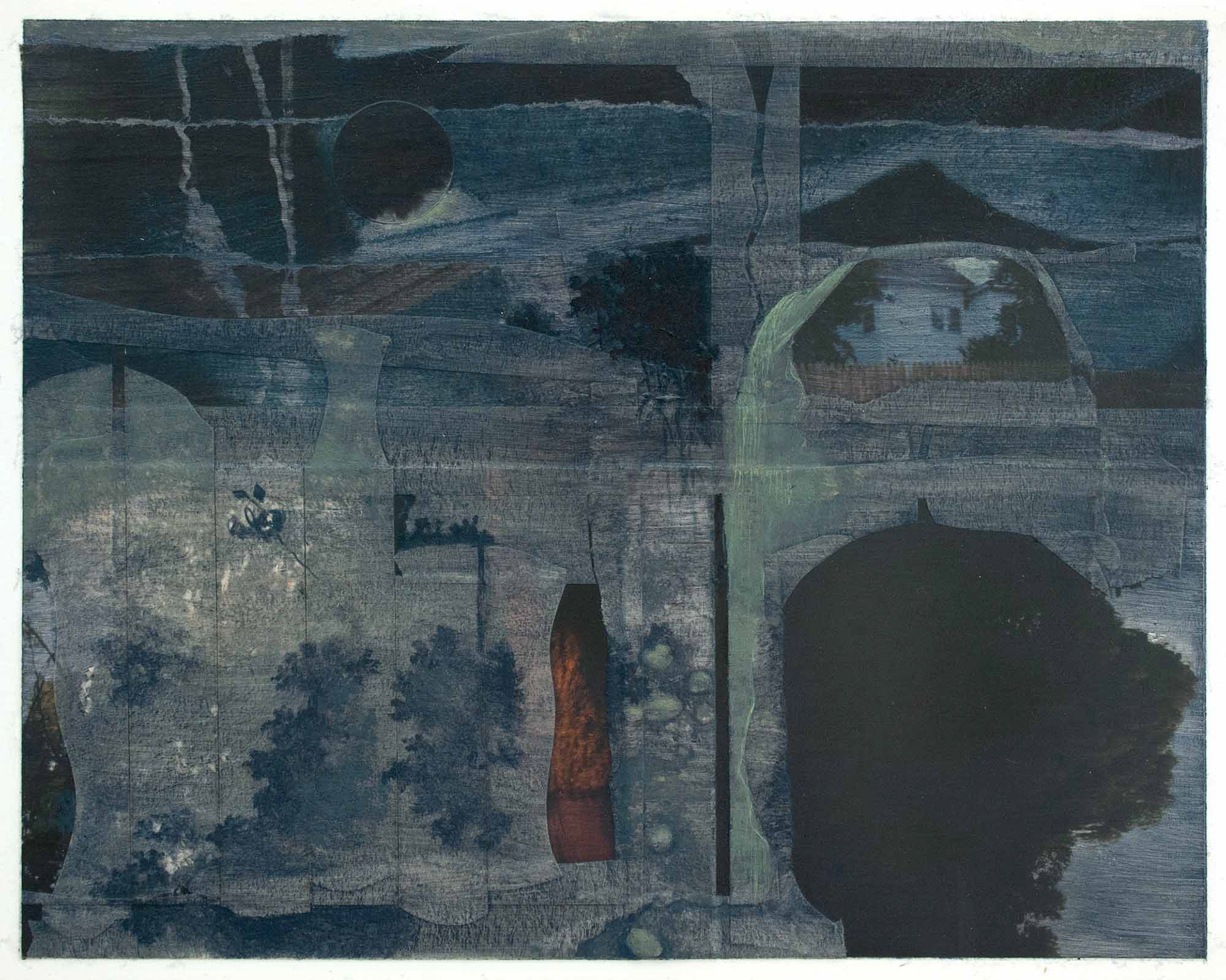 Suburban oil, acrylic, and collage on watercolor paper 8 x 10 inches 2022