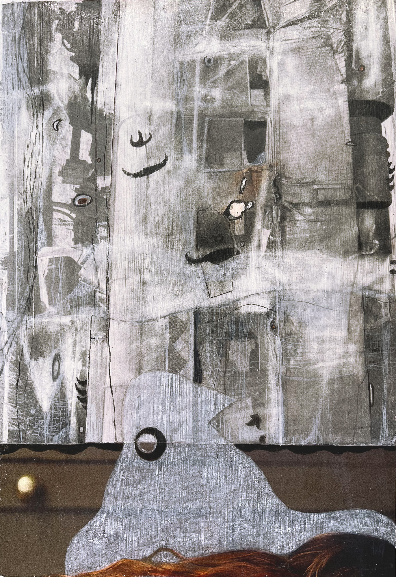 Raiser - color pencil, eraser, acrylic, and collage on Bristol paper, 10 x 7 inches, 2025