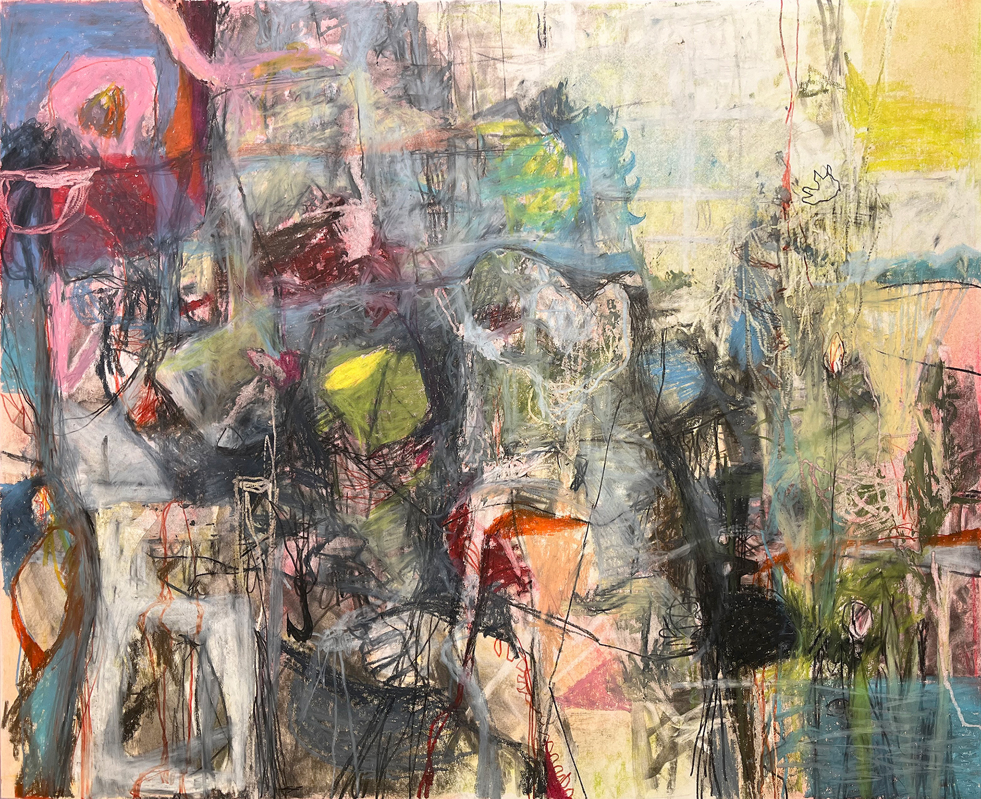 Junket - wax pastel, color pencil, carbon pencil, Conté, and graphite on Bristol paper, 14 x 17 inches, 2024