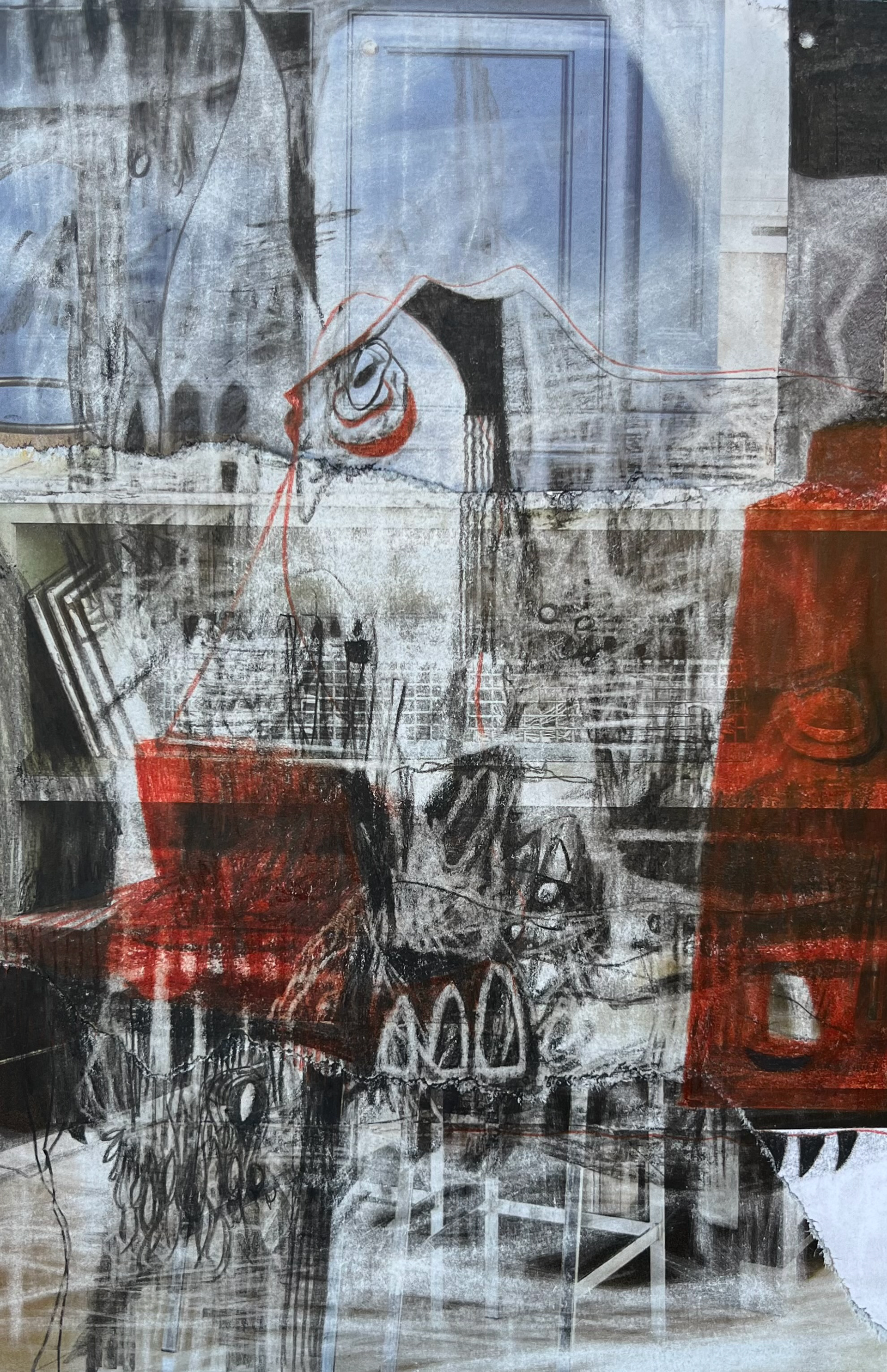 Scales - carbon pencil, color pencil, eraser, and collage on Bristol paper, 9 1/4 x 6 1/4 inches, 2024