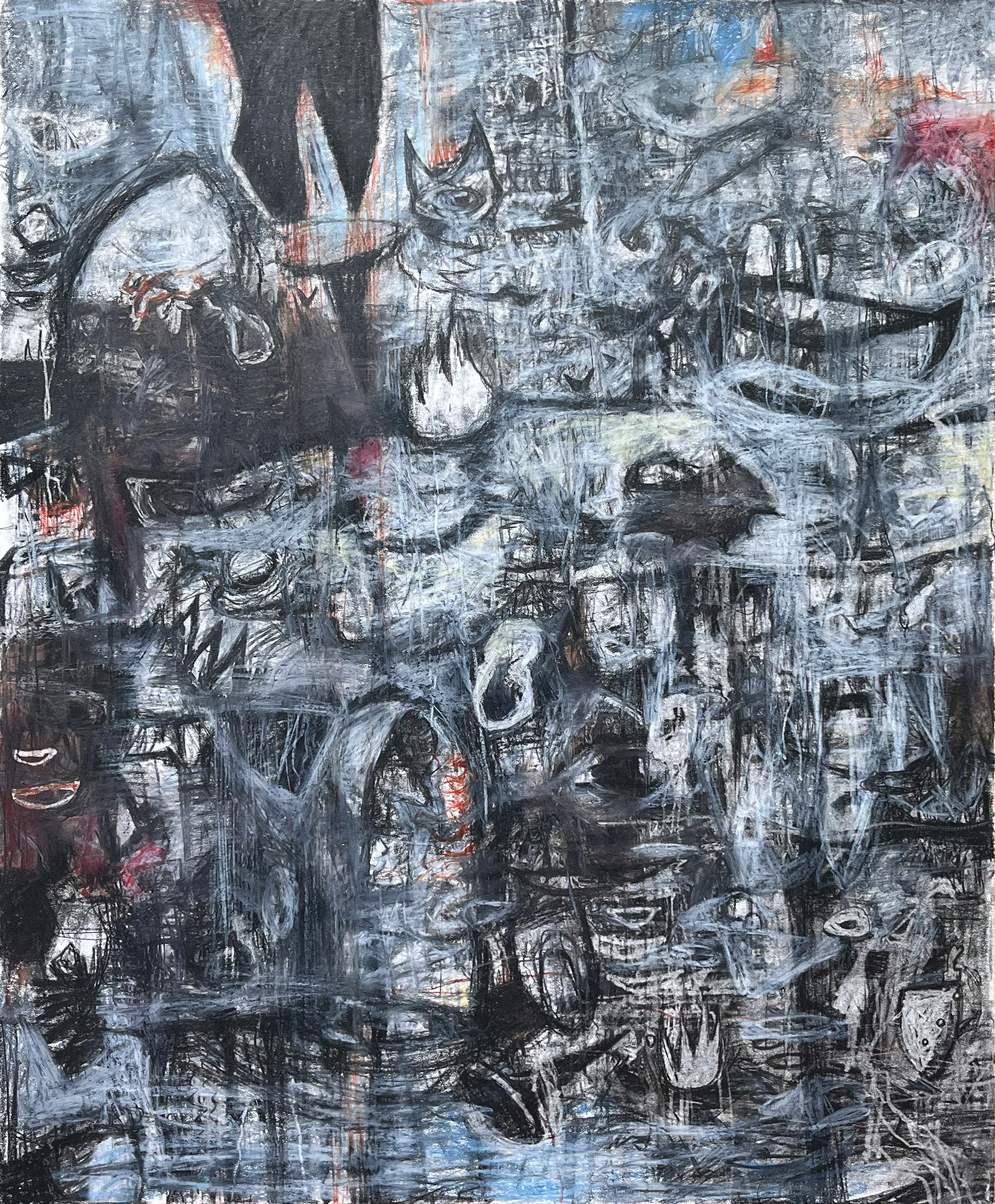 Do-overs - wax pastel, oil pastel, grease pencil, carbon pencil, color pencil on Bristol paper, 17 x 14 inches, 2025