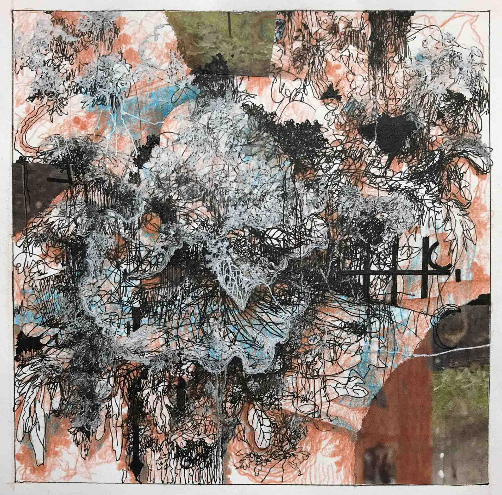 Perfume Garden 02172021 gel pen, color pencil, collage on paper 5 1/4"inches sq. 2021