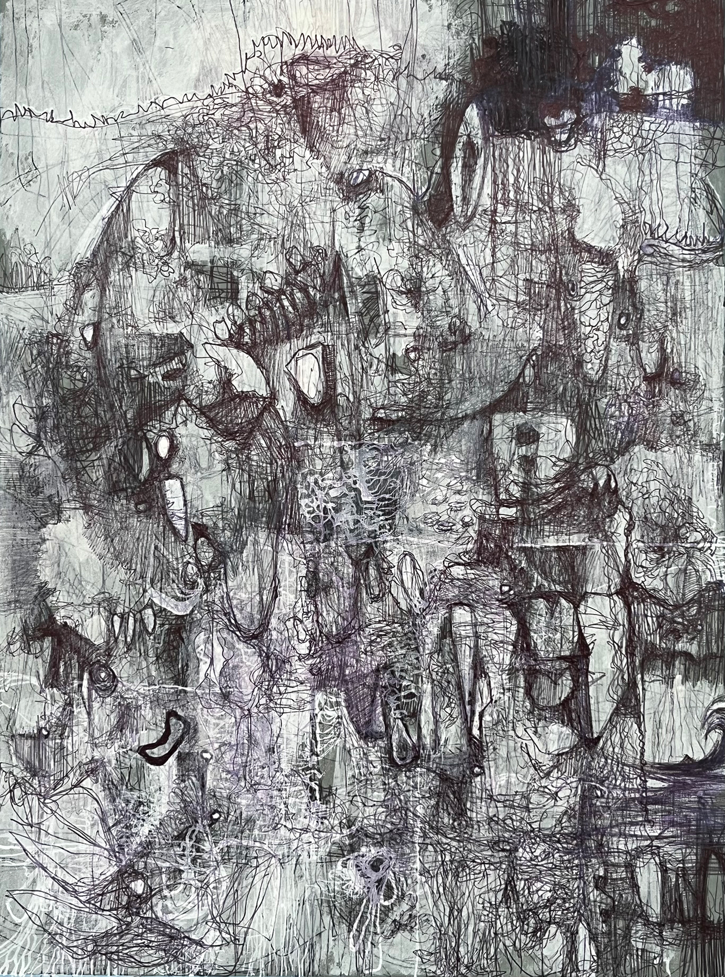 Ice Breaker - ball point, gel pen, acrylic on gray paper, 12 x 9”, 2024