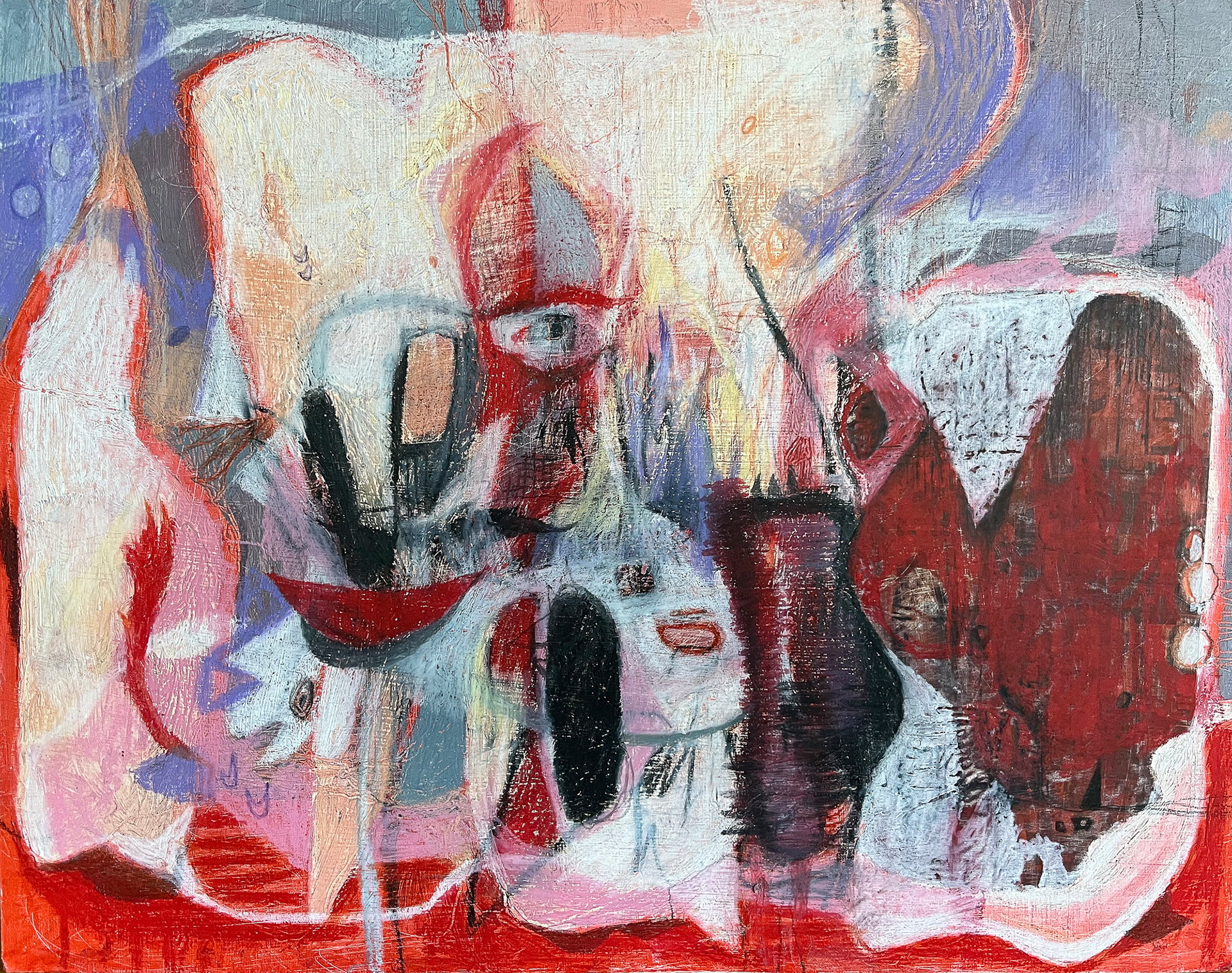 Holiday House - oil, wax pastel, color pencil, and collage on panel, 11 x 14 inches, 2024