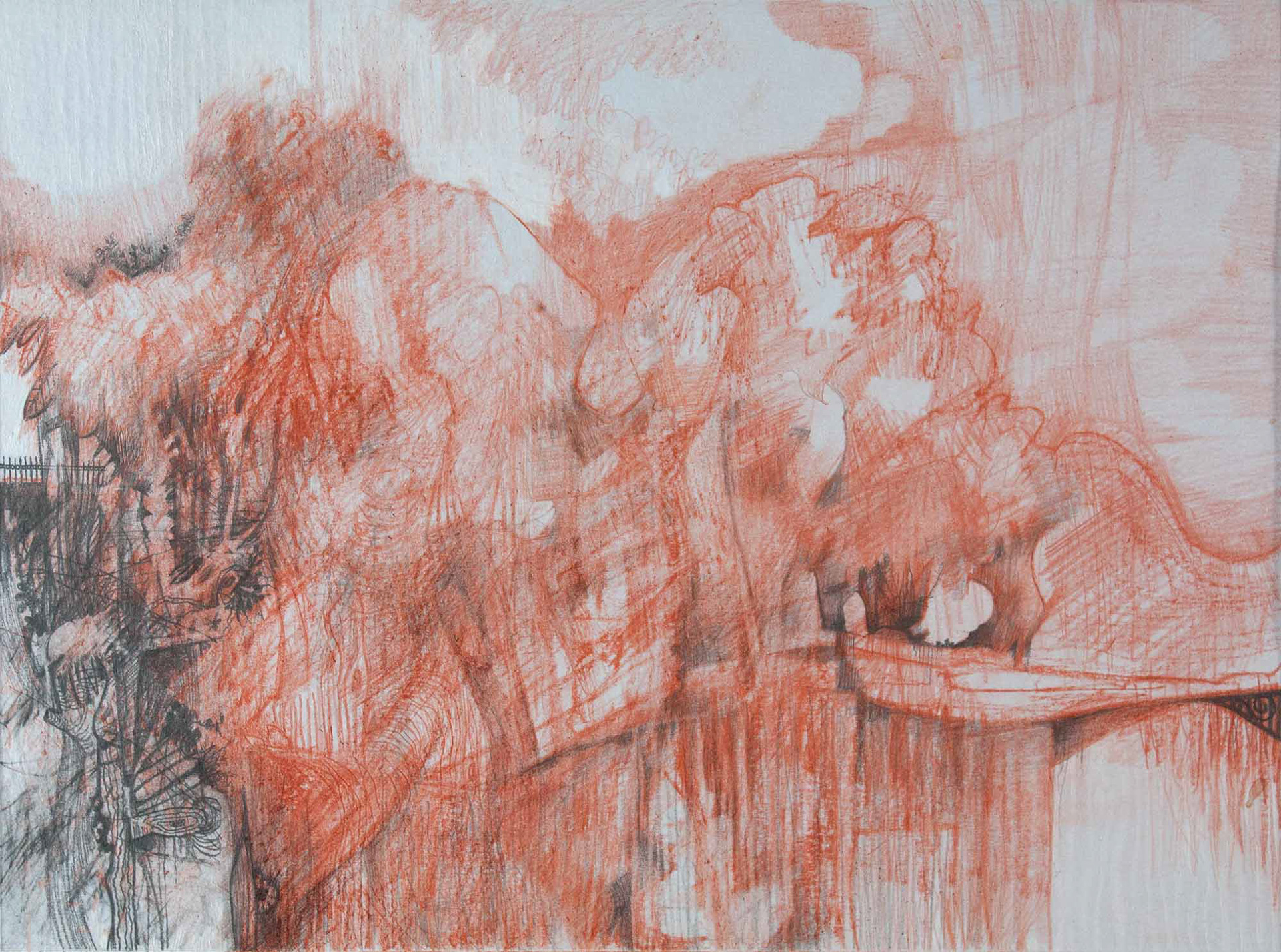 Land Bridge graphite and color pencil on grey paper 9 x 12 inches 2018