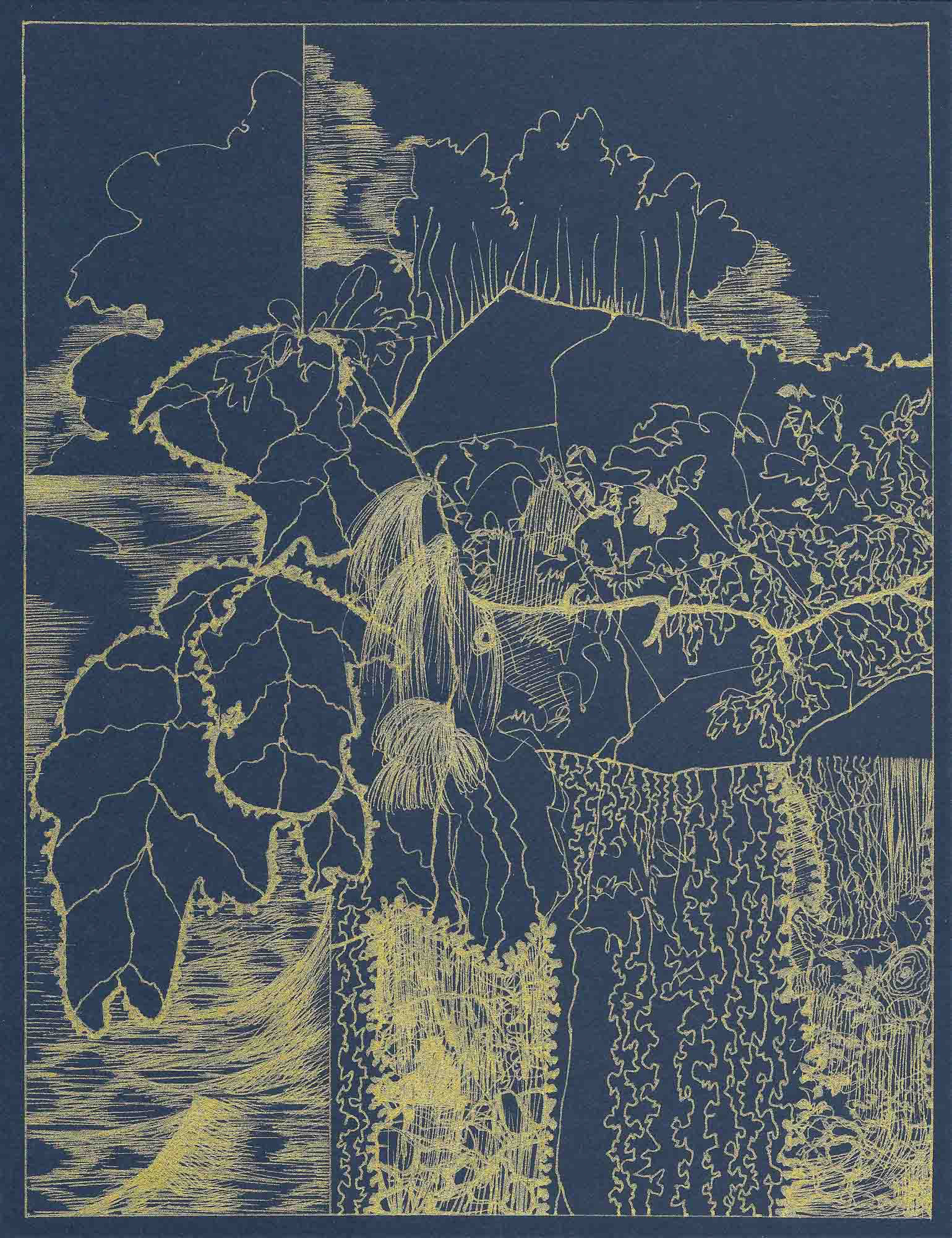 Gulf gold pen on indigo paper 8 1/2 x 11 inches 2020