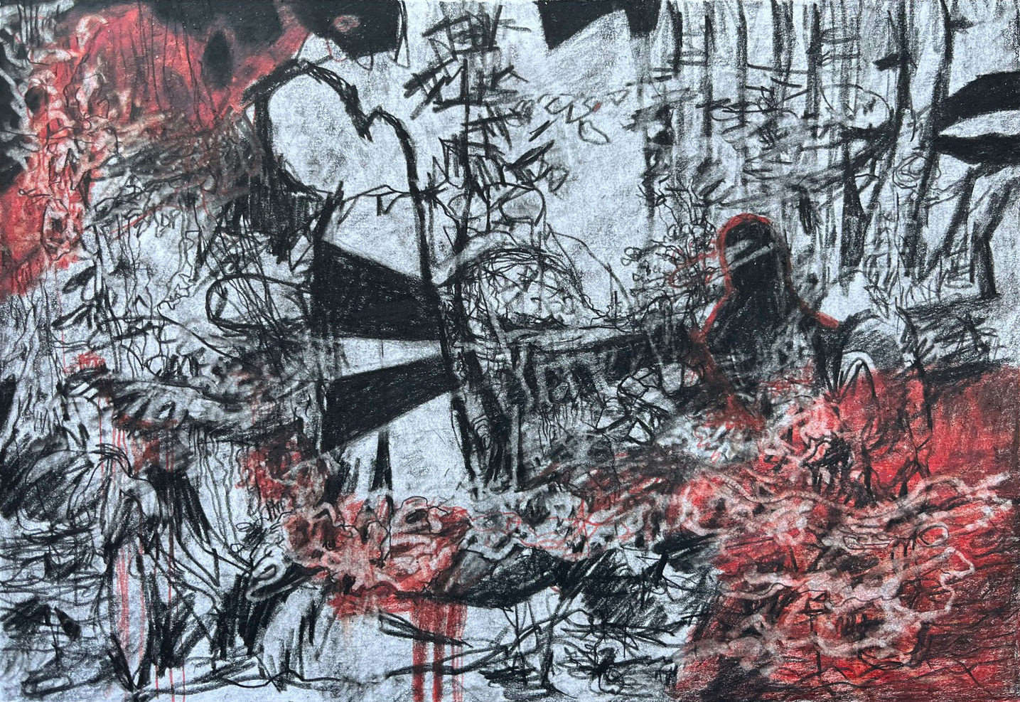 Murder Drawing - carbon pencil, grease pencil, and color pencil on Bristol paper, 7 x 10 inches, 2023 