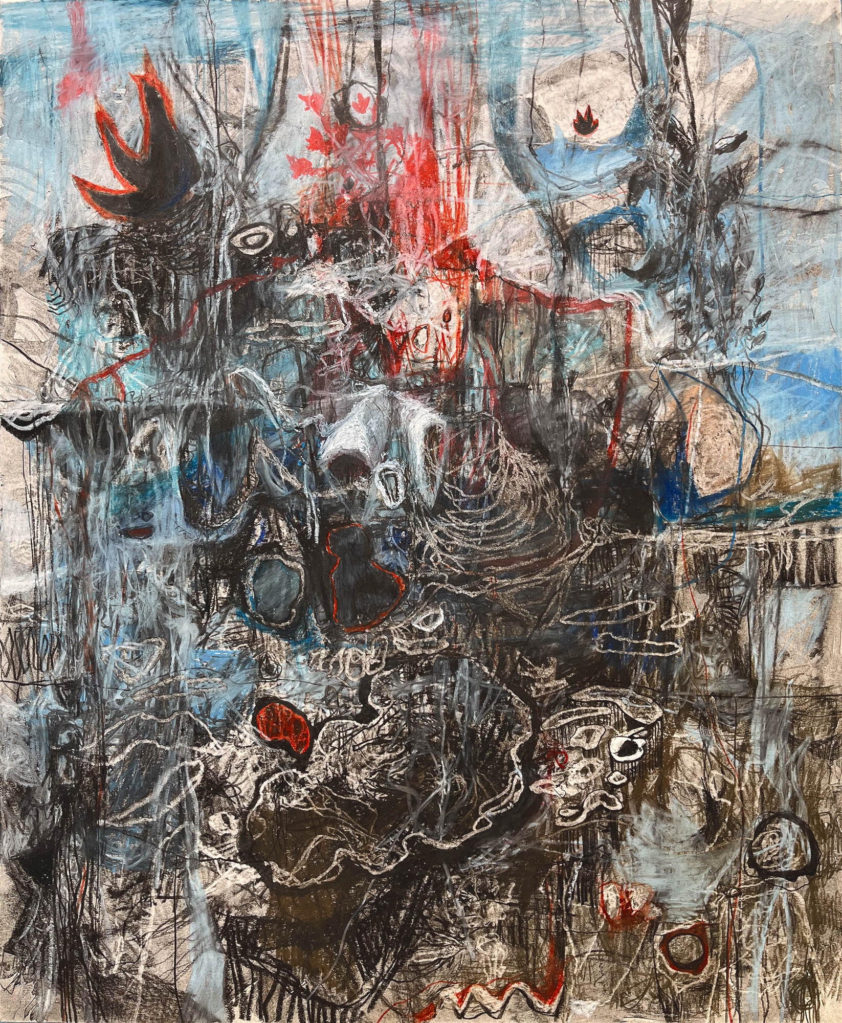 Bloom Under - charcoal, carbon pencil, color pencil, and wax pastel on Bristol paper, 17 x 14 inches, 2024