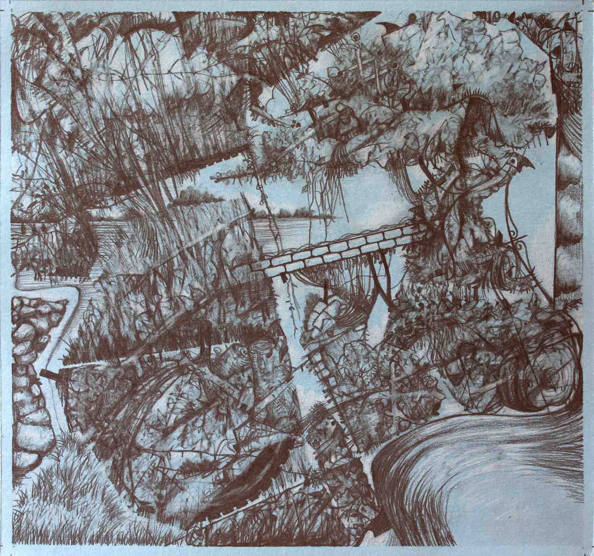 Cove 2 graphite and white pencil on blue paper 7 1/2 x 8 inches 2016