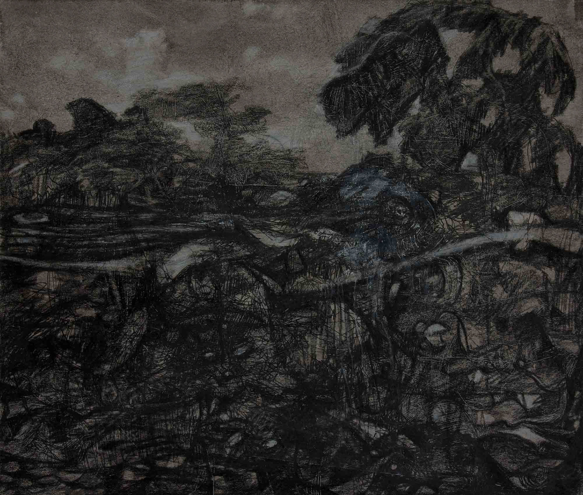 untitled-06272022 carbon pencil, white pencil, gel pen, and wash on watercolor paper 6 x 7 inches 2022