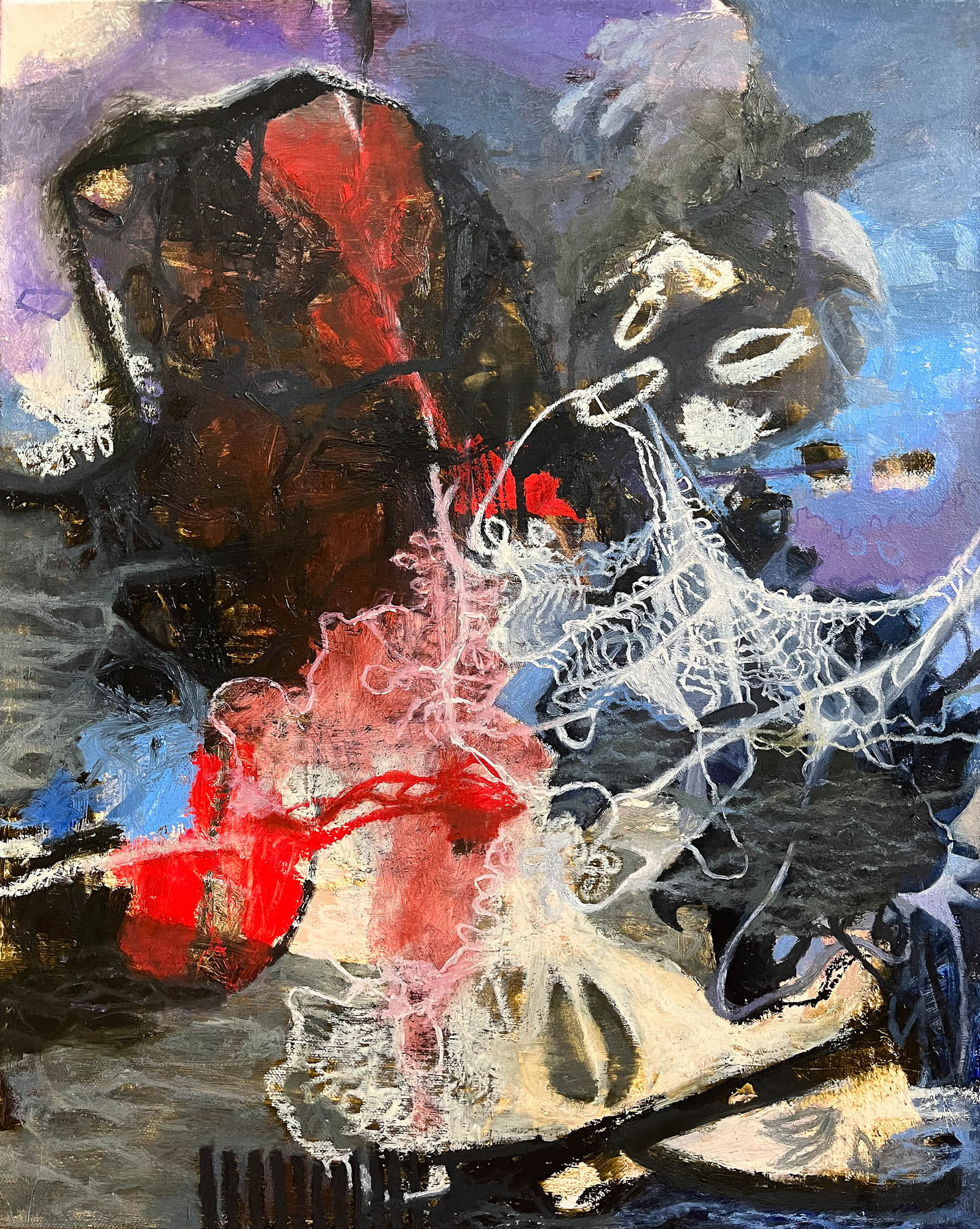 Trawler oil, acrylic, and laid paper on canvas 20 x 16 inches 2023