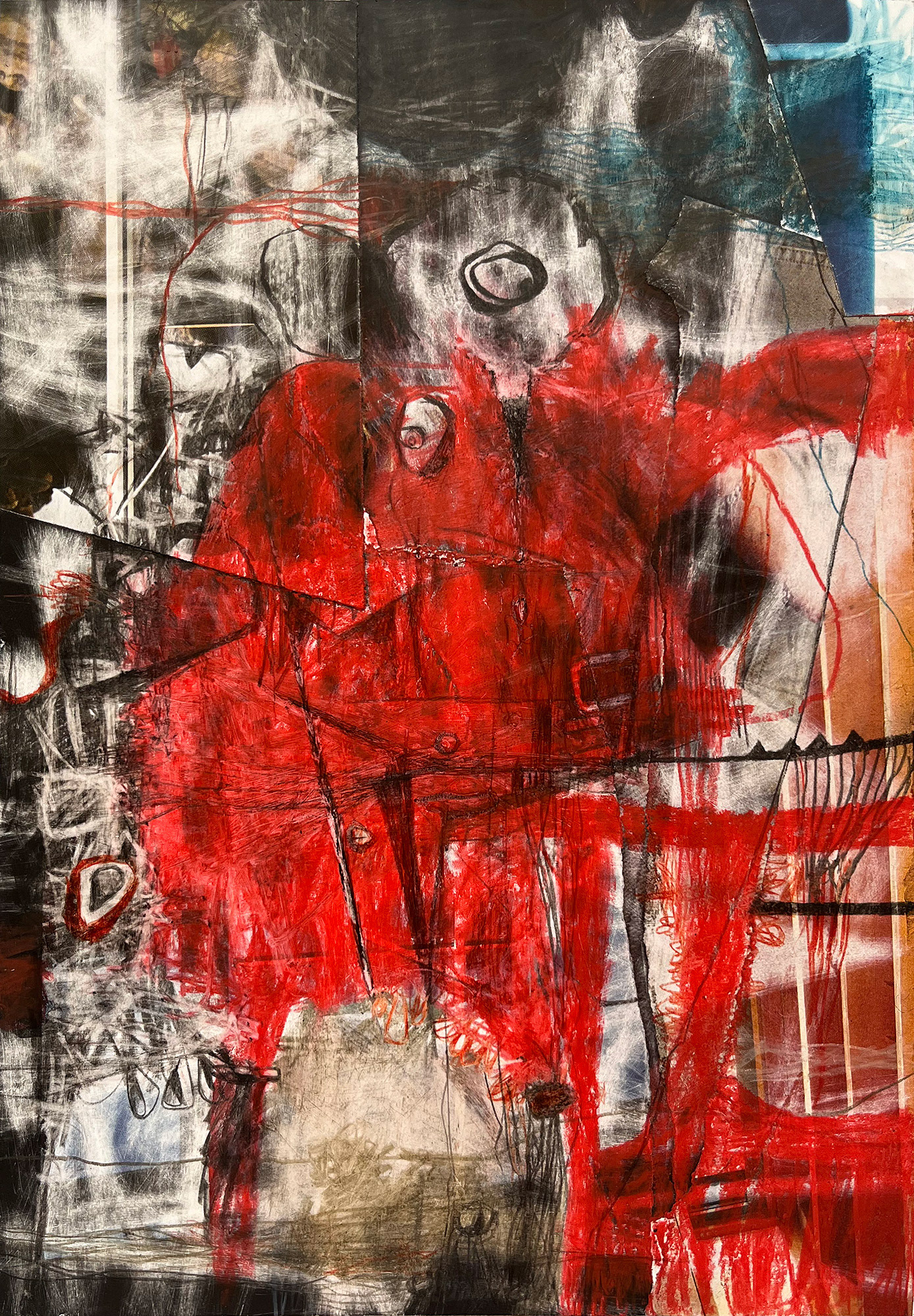 Jumper - wax pastel, color pencil, eraser, and collage on Bristol paper, 10 x 7 inches, 2024