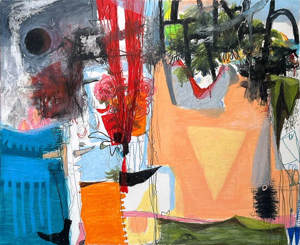 Charade - wax pastel, color pencil, graphite and carbon pencil on Bristol paper, 14 x 17 inches, 2025