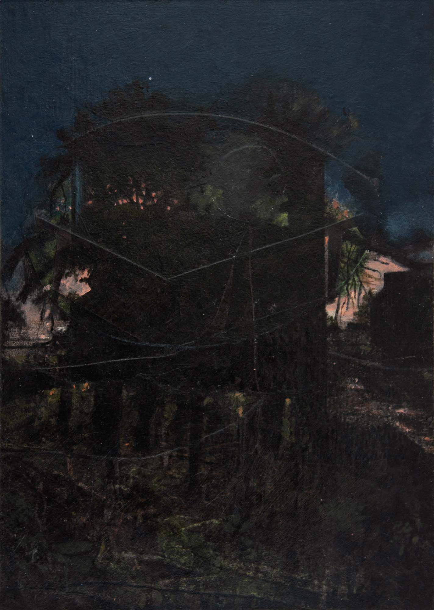 Balcony acrylic, color pencil, collage on paper board mounted on panel 7 x 5 inches 2020