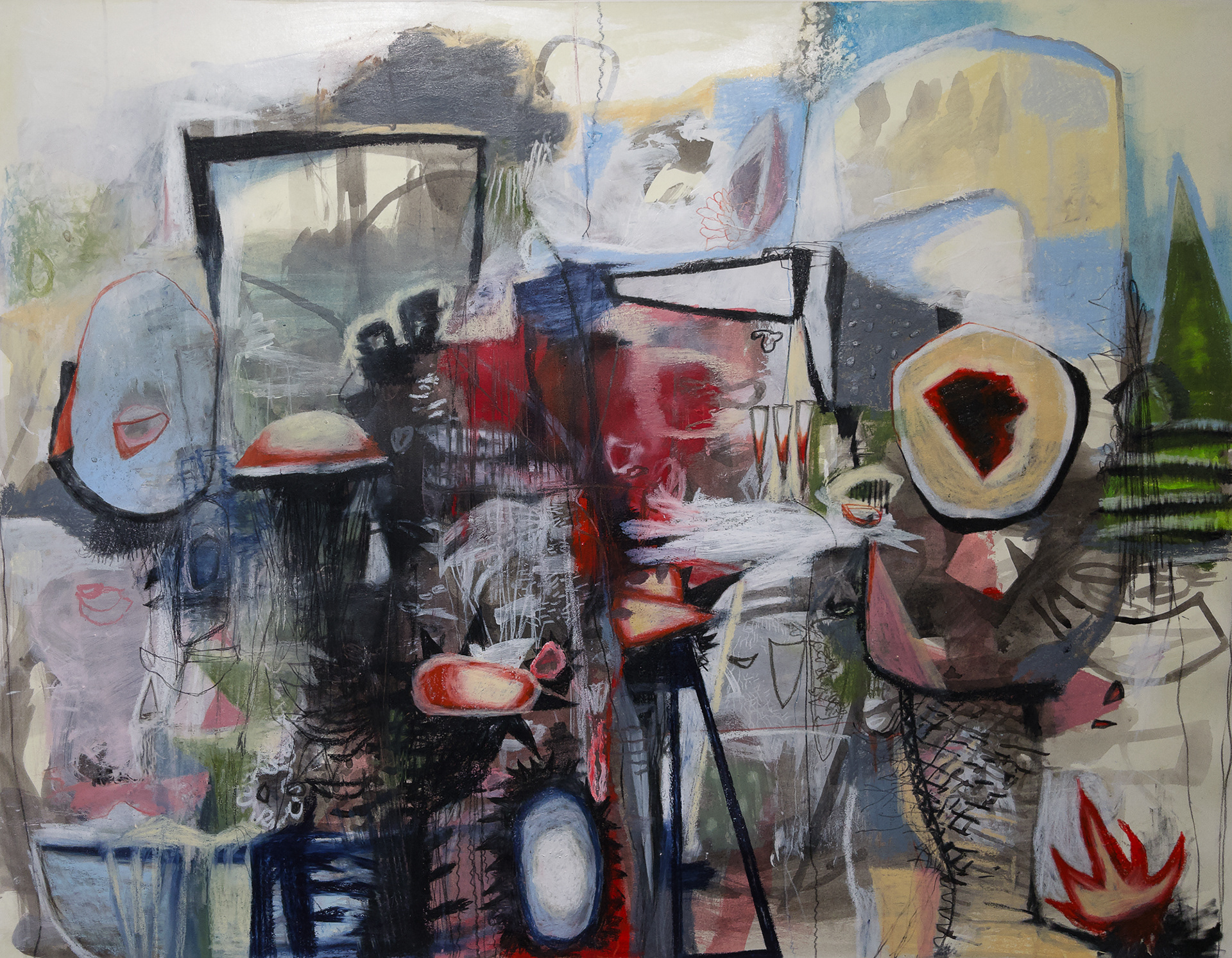 Cloistered -acrylic, wax pastel, oil pastel, color pencil, and carbon pencil on Bristol paper, 22 x 28 inches, 2026