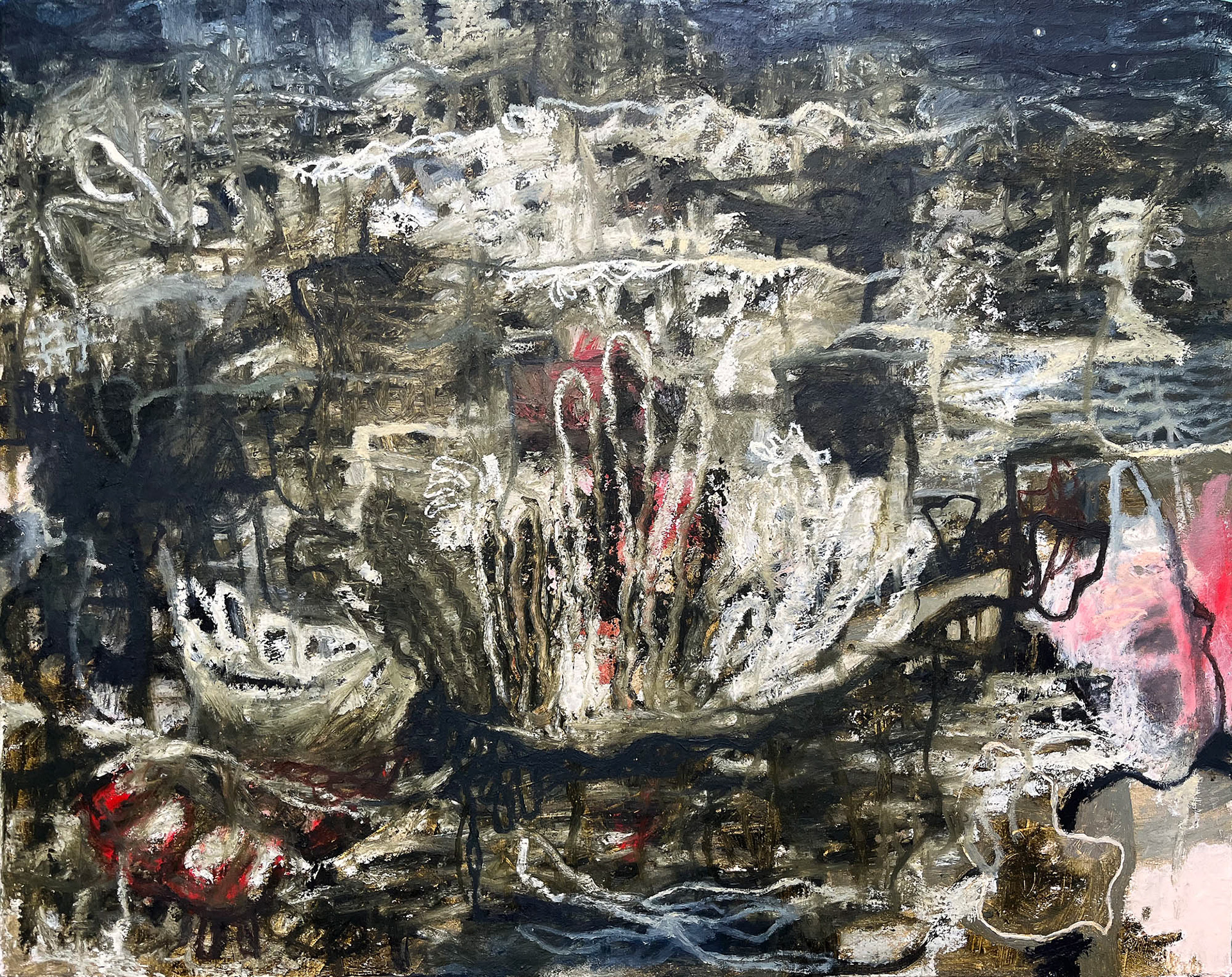 Reflecting Pool oil, acrylic, and laid paper on canvas 16 x 20 inches 2024