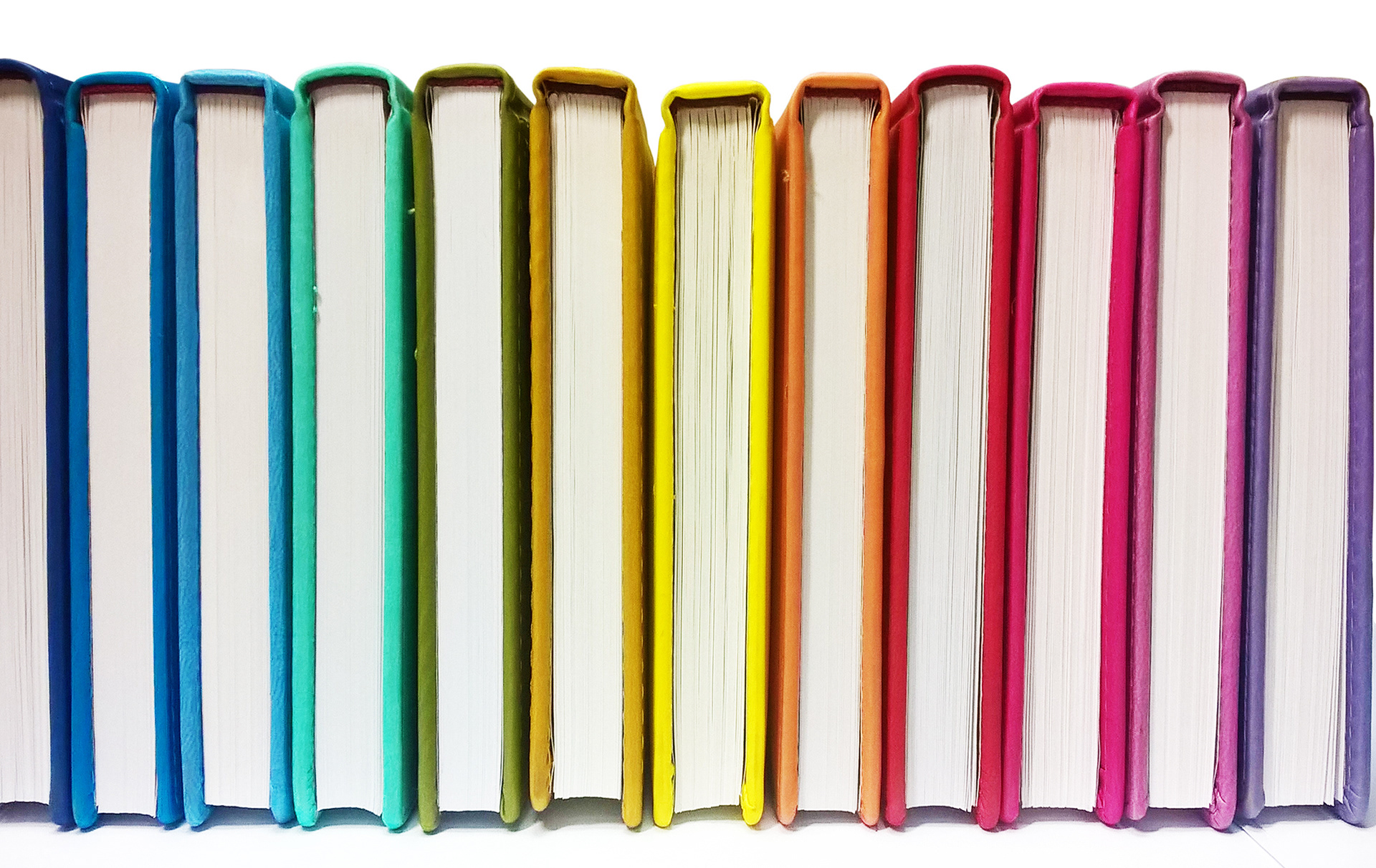 Photo of row of rainbow-colored books with their binding facing upward.