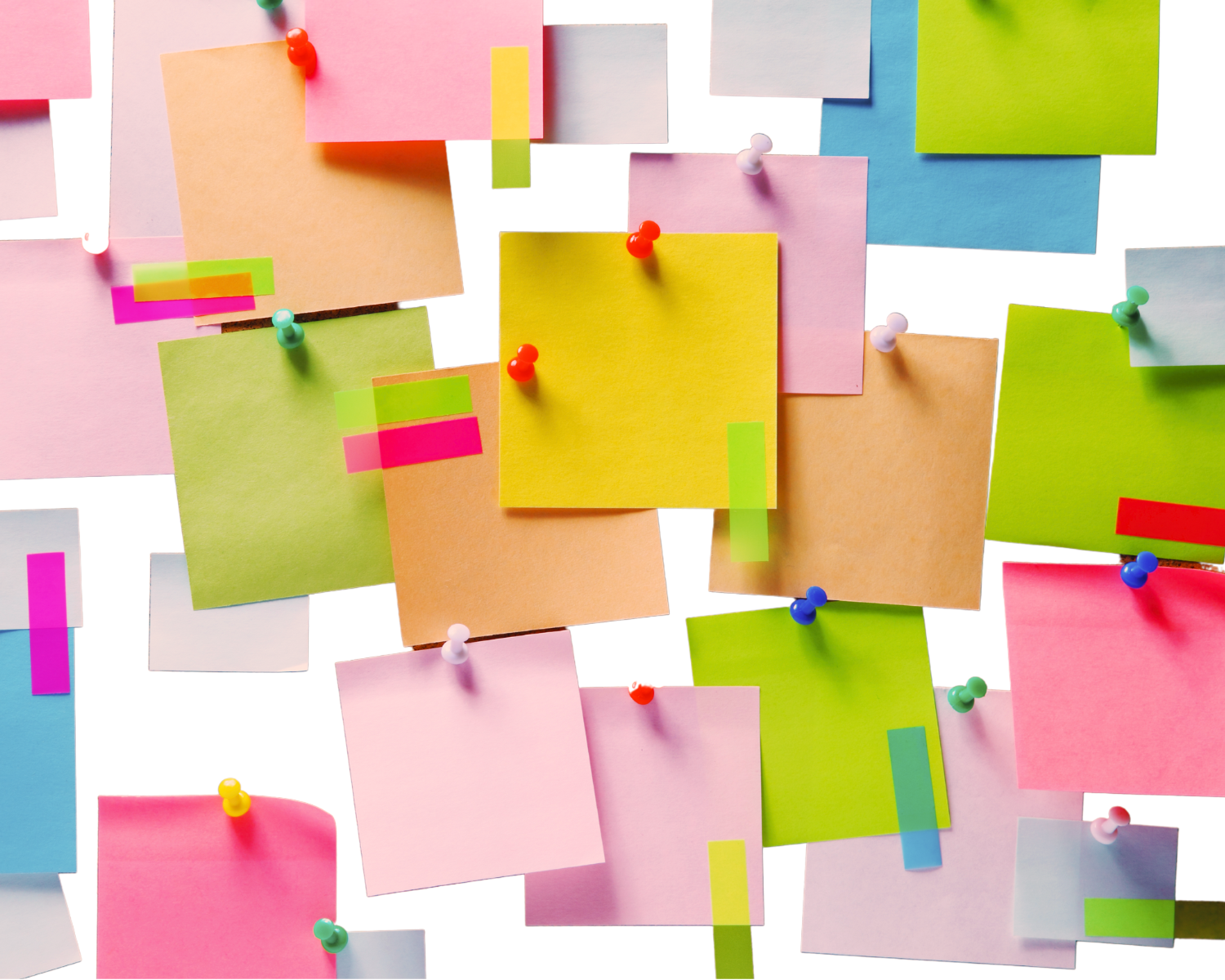 Photo of colorful sticky notes and push pins.