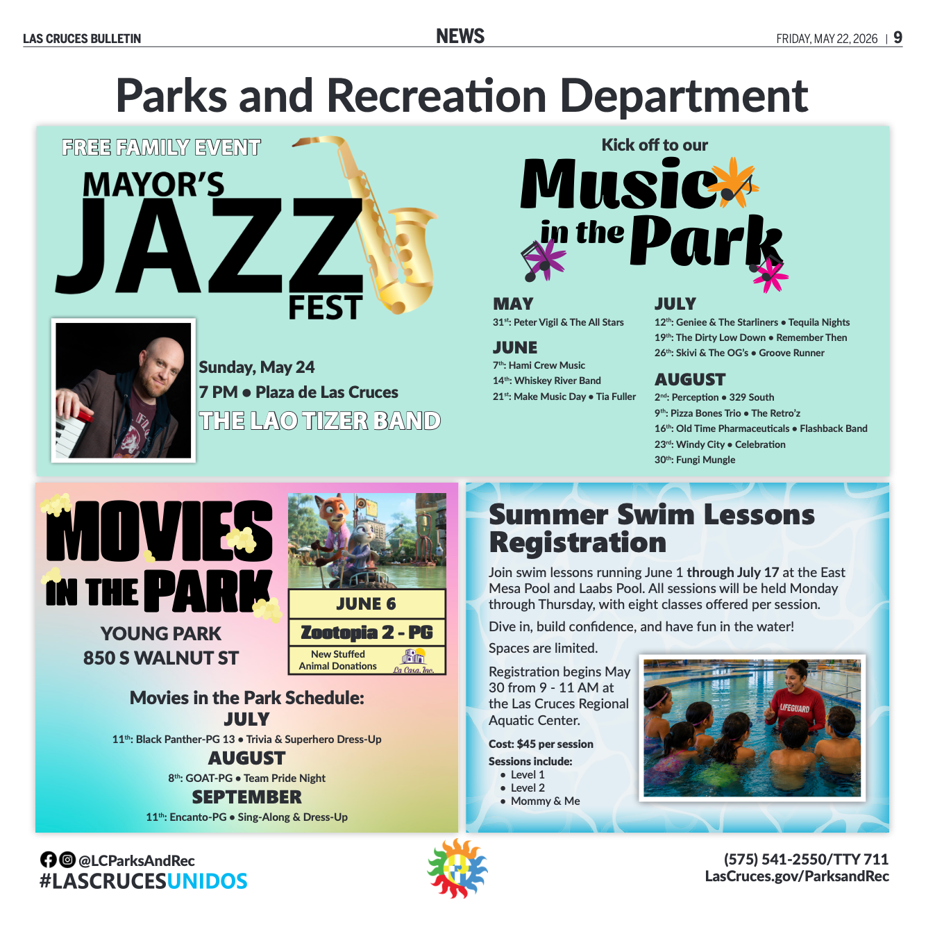 May 22nd Bulletin Ad Placement. Mayor's Jazz Fest, Music in the Park, Movies in the Park and Summer Swim Lessons.