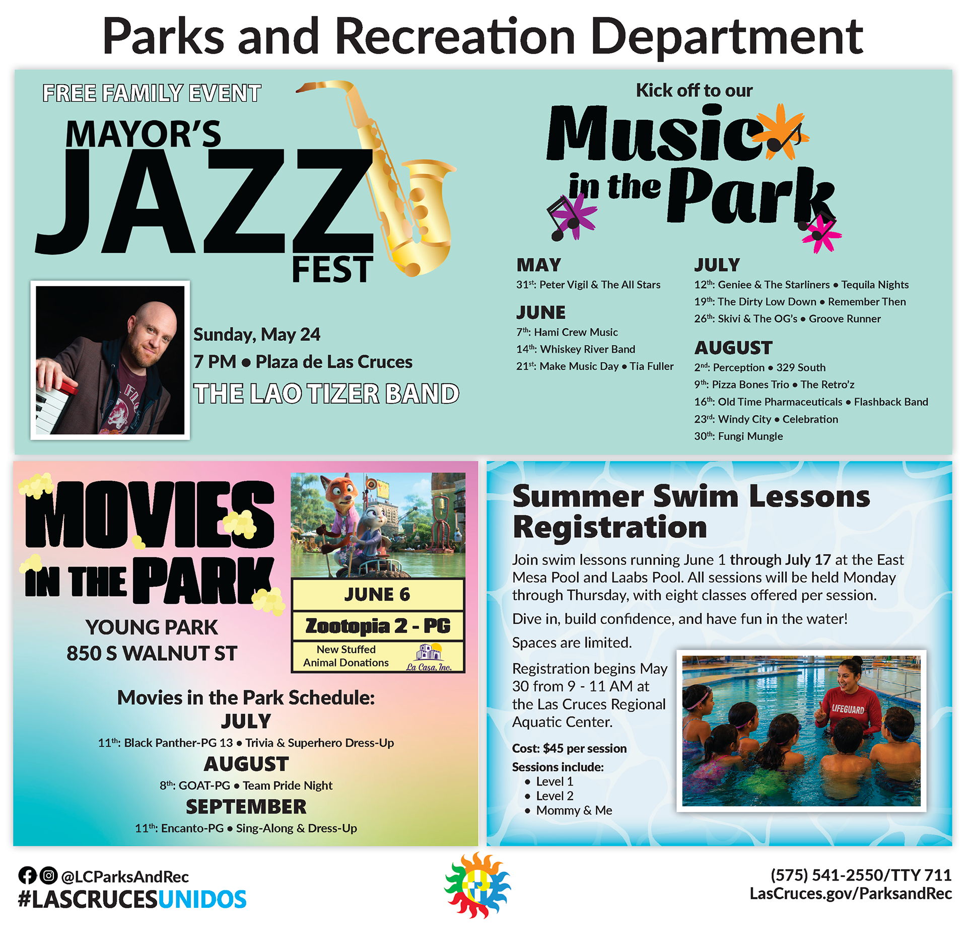 Bright colored ad organized into three sections. Mayor's Jazz Fest and Music in the Park, Movies in the Park, and finally Summer Swim Lessons.