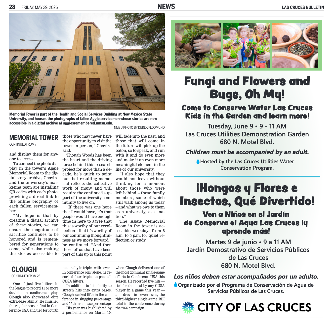 May 29th Bulletin Ad Placement for CLC Utilities. Fungi and Flowers and Bugs, Oh My! ad in both English and Spanish. 